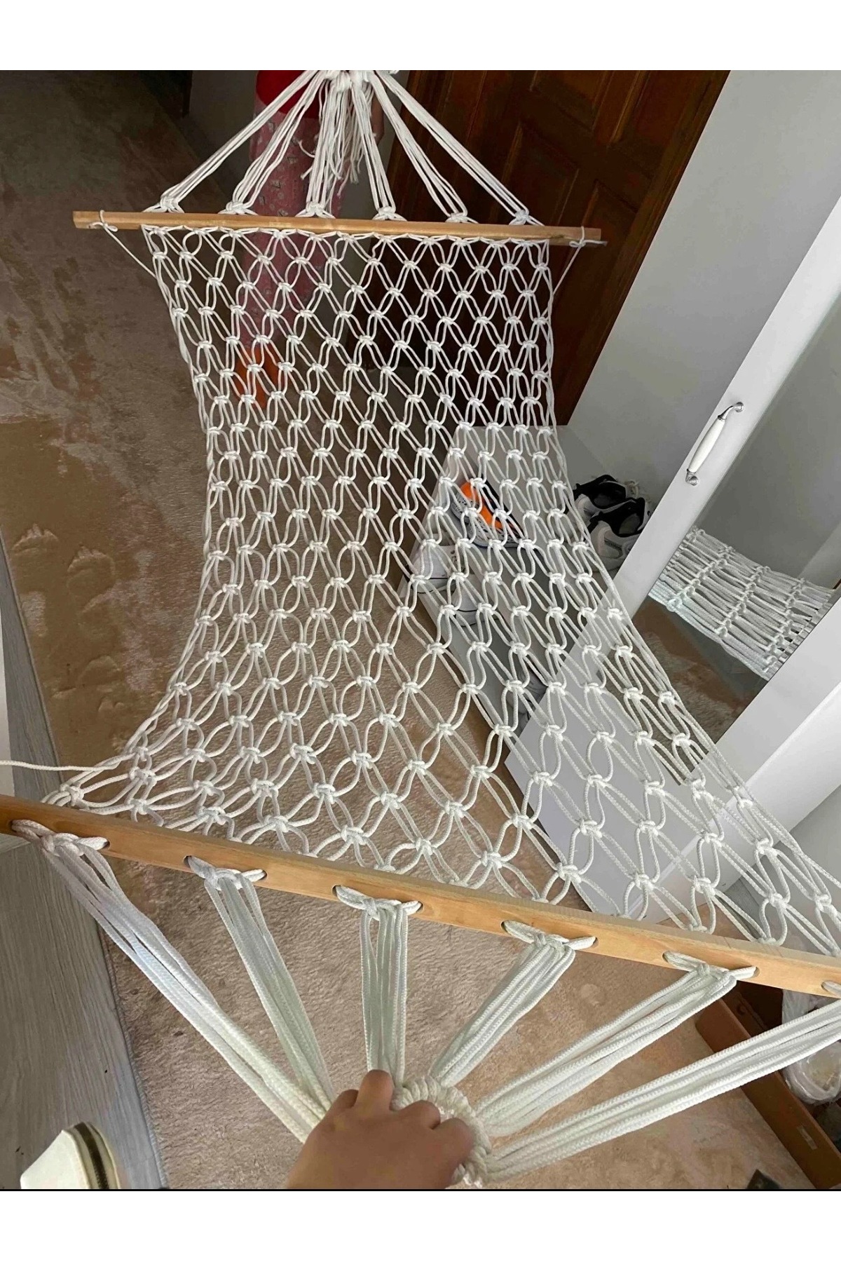 Beyaz Hamak 90x190 cm Çift Katlı Normal ip hamak 200 kg Taşıma Kapasiteli Balkon Bahçe Salıncak – 6 Metre İp 3