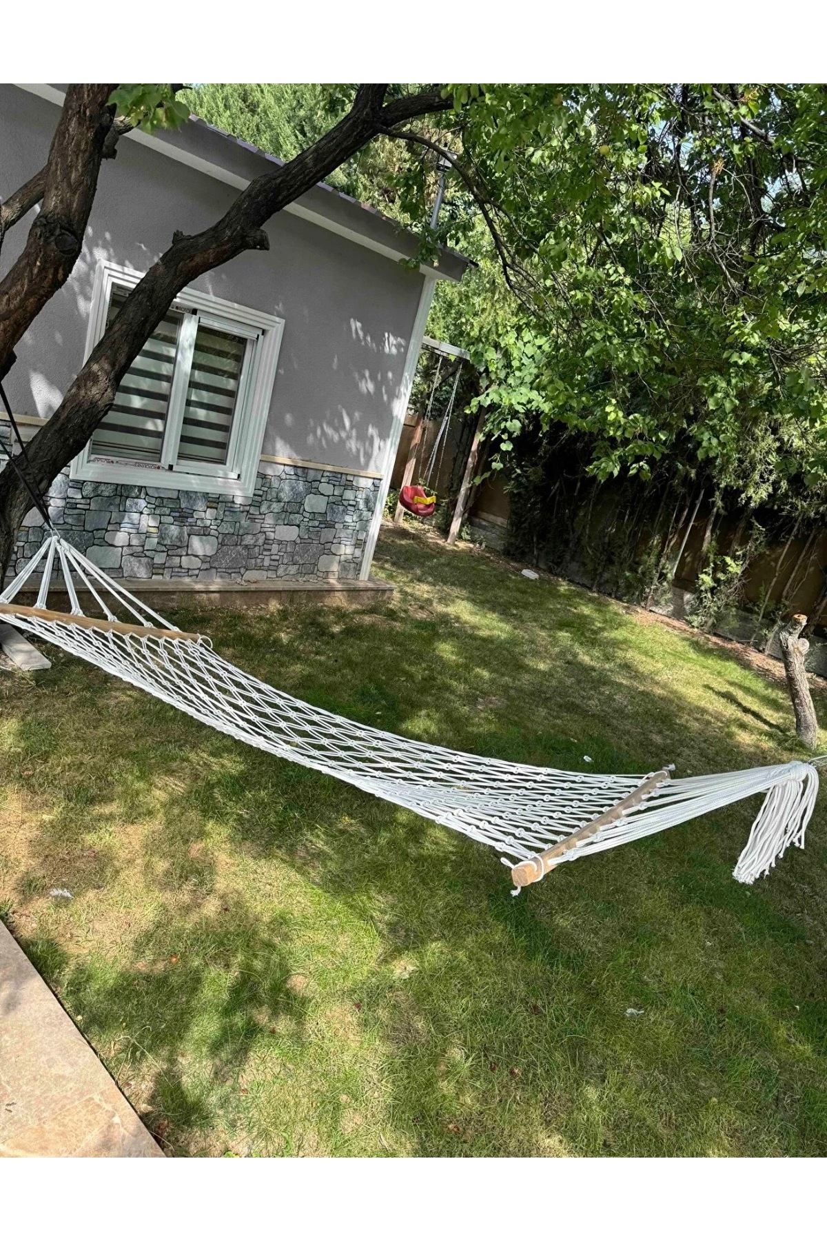 Beyaz Hamak 90x190 cm Çift Katlı Normal ip hamak 200 kg Taşıma Kapasiteli Balkon Bahçe Salıncak – 6 Metre İp 4