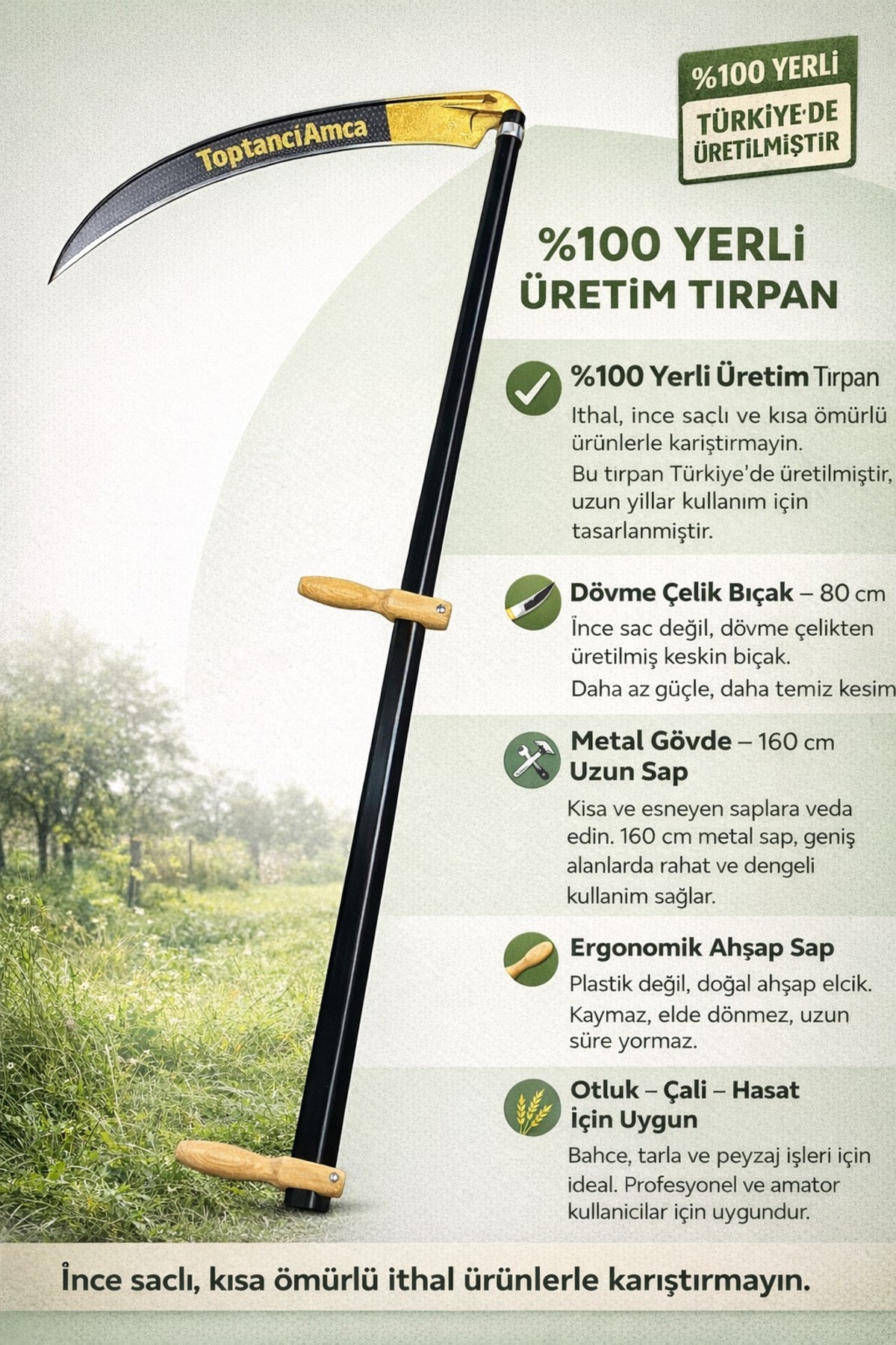 Yerli Üretim Demir Saplı Ahşap Tutacaklı Komple Tırpan – 160 cm Sap 80 cm Dövme Çelik Bıçak 2