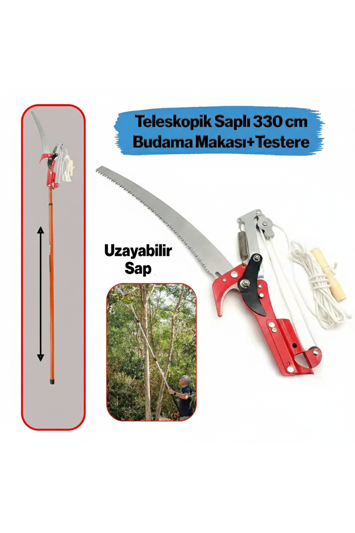 Ayarlanabilir 330 cm Teleskopik Alüminyum Saplı Yüksek Yerlerde Ağaç Dal Kesme Budama Makası Testere 1