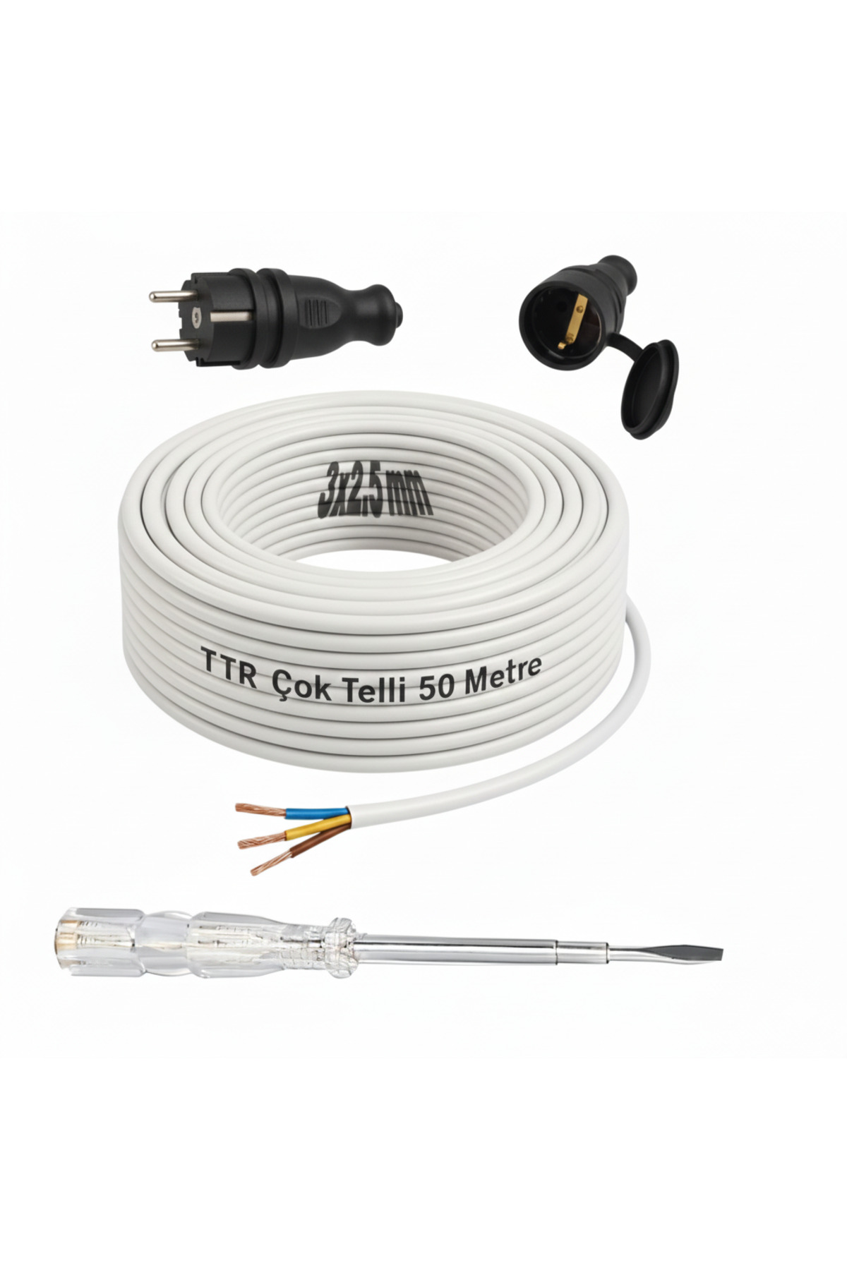 Seyyar 50 Metre Uzatma Kablosu TTR CCA Telli 3x2.5 mm Elektrik Kablo Kontrol Kalem Dişi Erkek Fiş 2