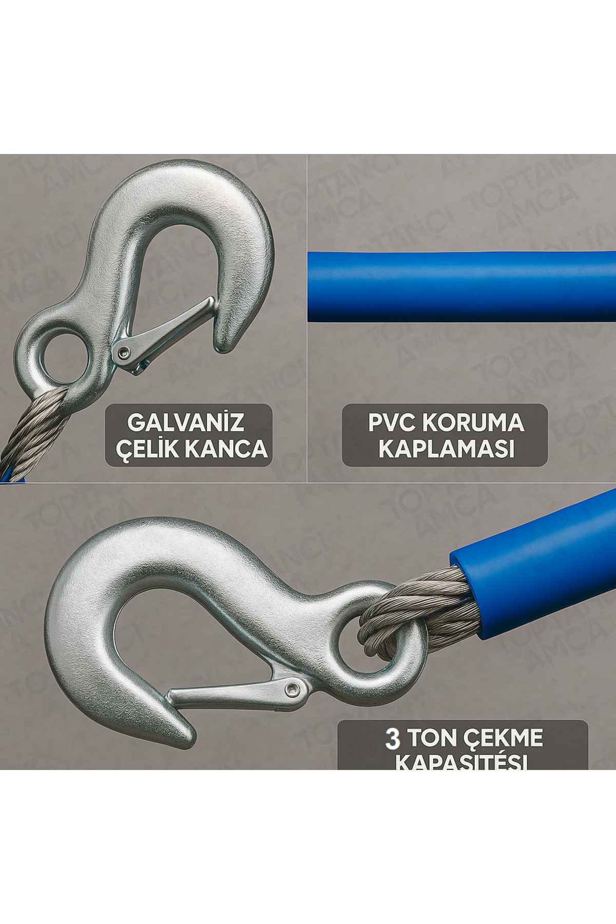 3 Ton 6 mm 3.5 Metre Çelik Kancalı PVC Kaplamalı Araç Çeki Halatı – Galvaniz Kanca – Dayanıklı Yapı 2