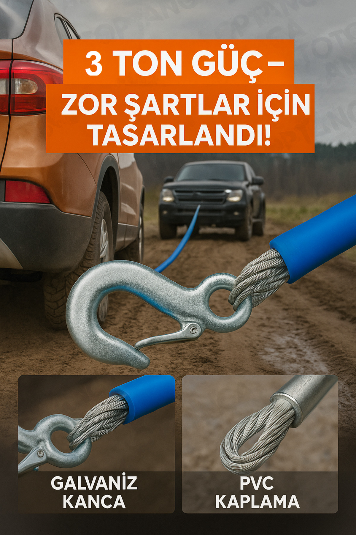 3 Ton 6 mm 3.5 Metre Çelik Kancalı PVC Kaplamalı Araç Çeki Halatı – Galvaniz Kanca – Dayanıklı Yapı - 1