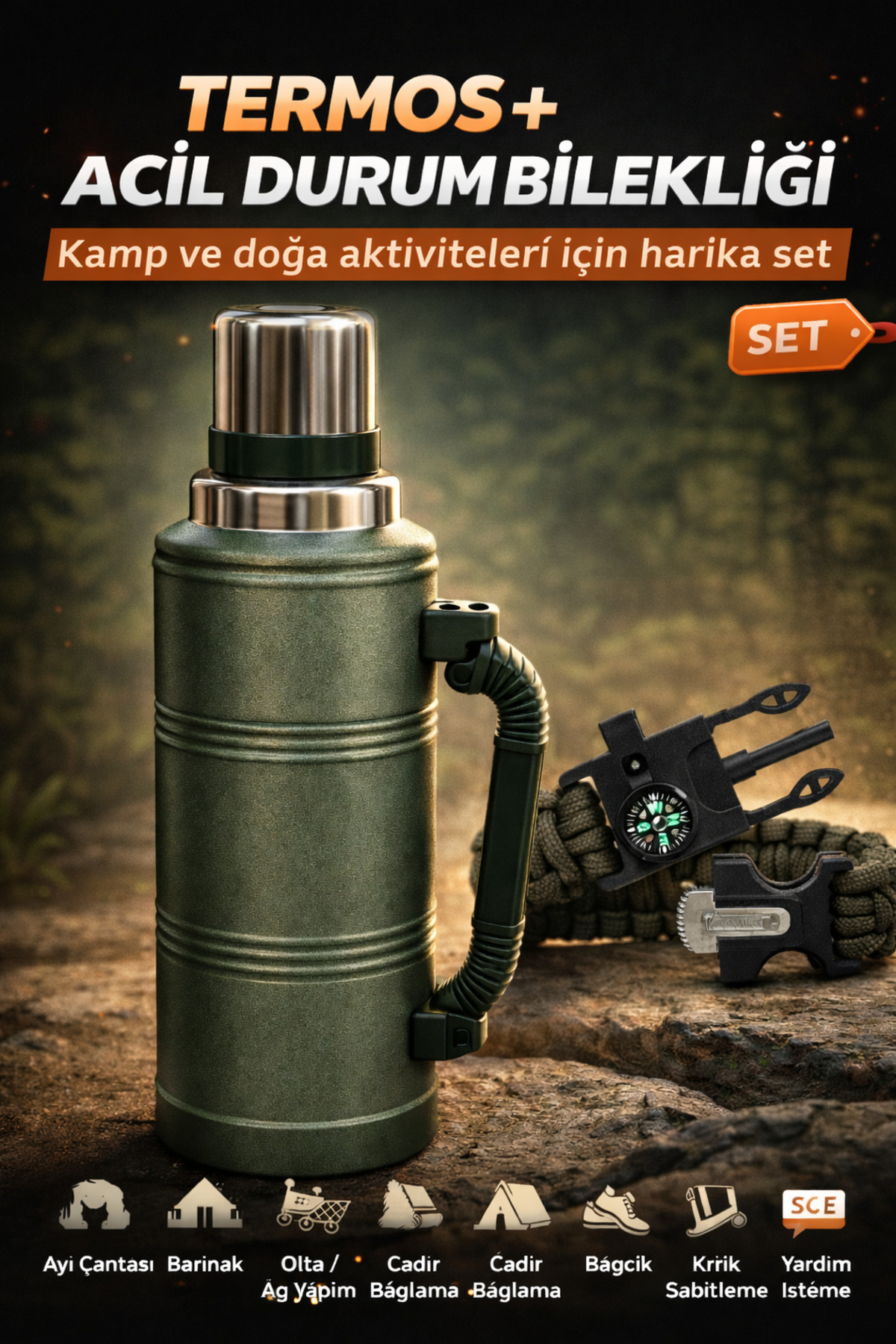 Kamp Seti: Çift Duvarlı Çelik Termos 48 saat dayanır ve Orcamp Acil Durum Hayatta Kalma Bilekliği 2