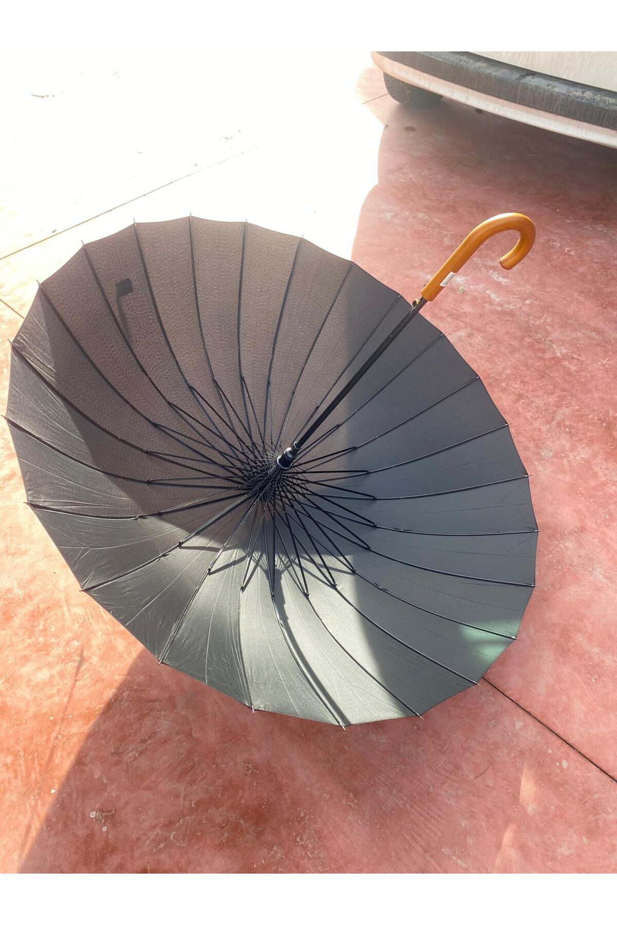 24 Telli Gerçek Baston Şemsiye | 100 cm Geniş Çap | Ahşap Sap | Su Tutmaz | Omuz Askılı Kılıflı 5