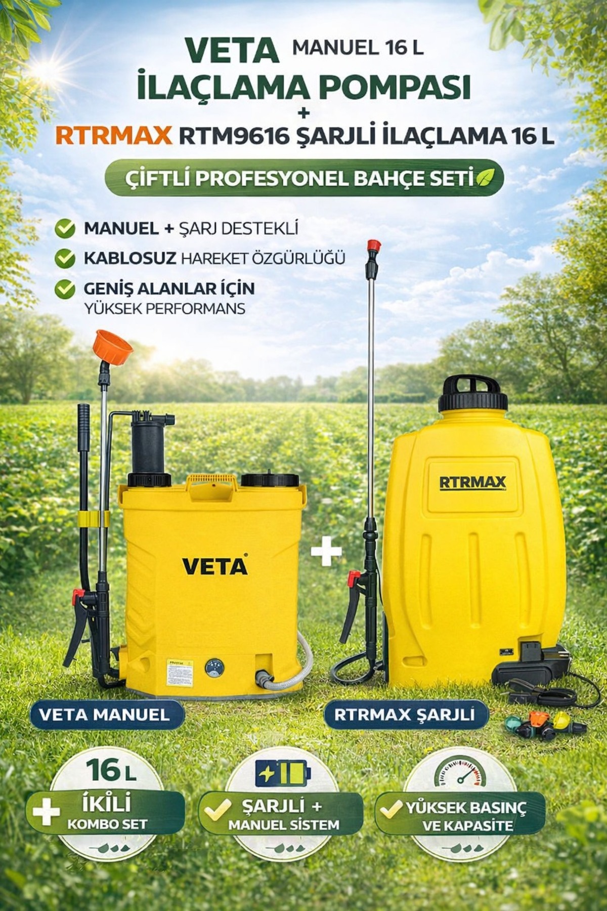16 Litre İlaçlama Pompası Manuel + Şarjlı İlaçlama Pompası 16 Litre – Çiftli Profesyonel İlaç Seti 1
