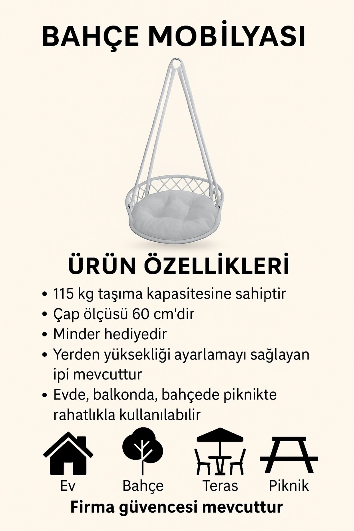 Balkon Hamak Salıncak 60 cm çaplı arkalıklı hamak salıncak kurulum için tüm parçalar gönderilir. 1