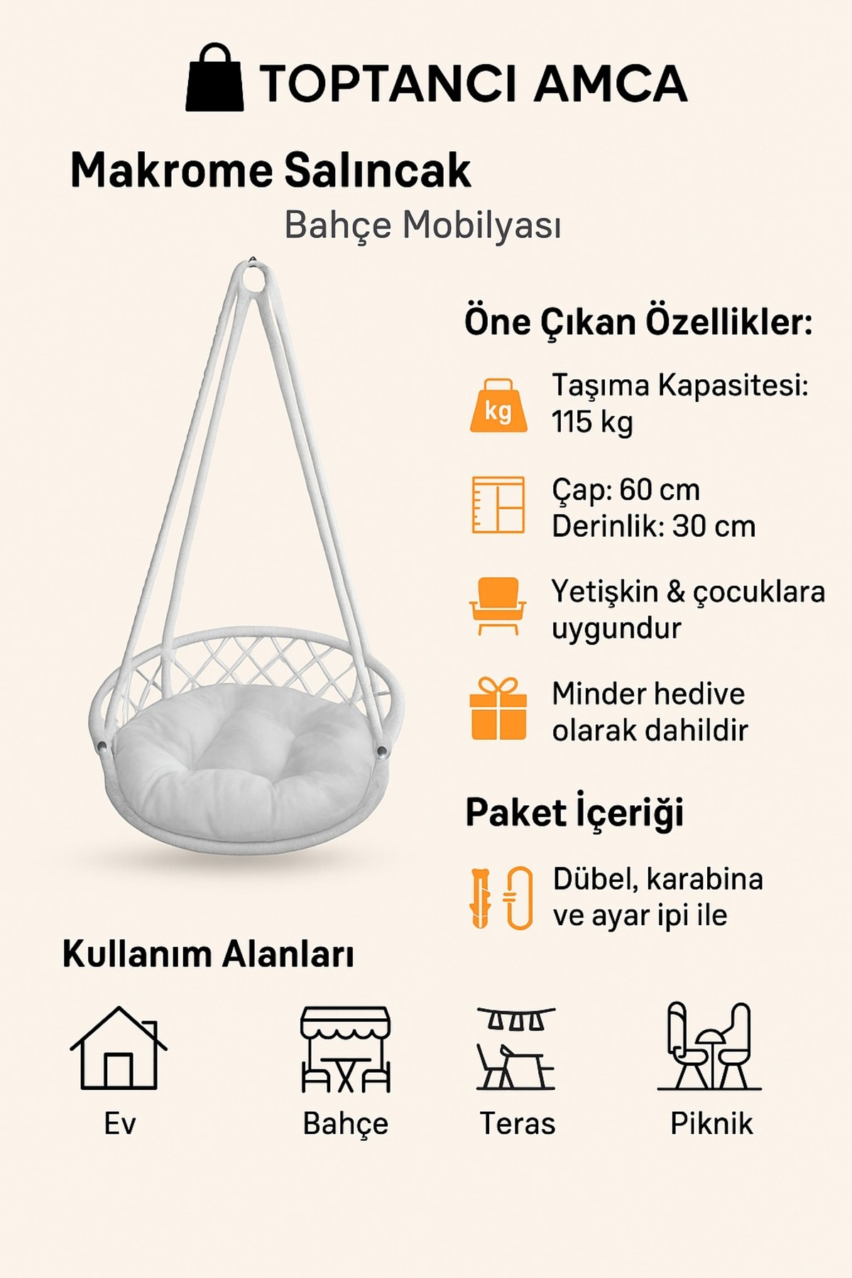 Balkon Hamak Salıncak 60 cm çaplı arkalıklı hamak salıncak kurulum için tüm parçalar gönderilir. 2