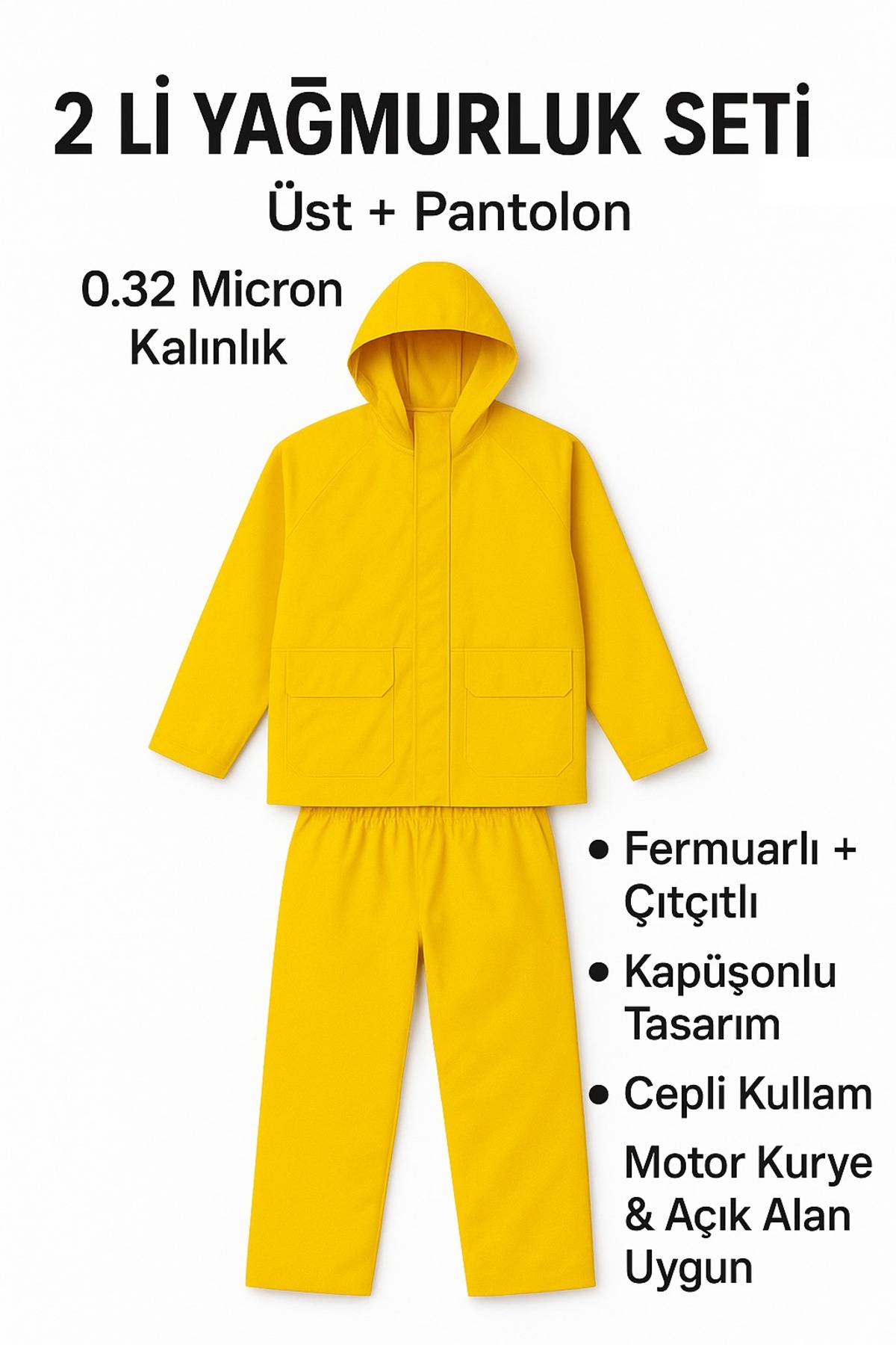 Sarı 2’li Yağmurluk Takımı 0.32 Micron Kalın Cepli Kapüşonlu Fermuarlı Çıtçıtlı (Üst+Pantolon) 1