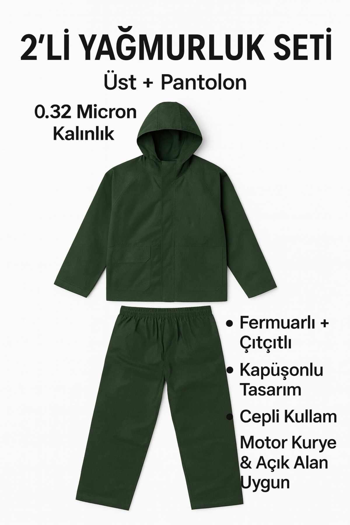 Yeşil 2’li Yağmurluk Takımı 0.32 Micron Kalın Cepli Kapüşonlu Fermuarlı Çıtçıtlı (Üst+Pantolon) 1