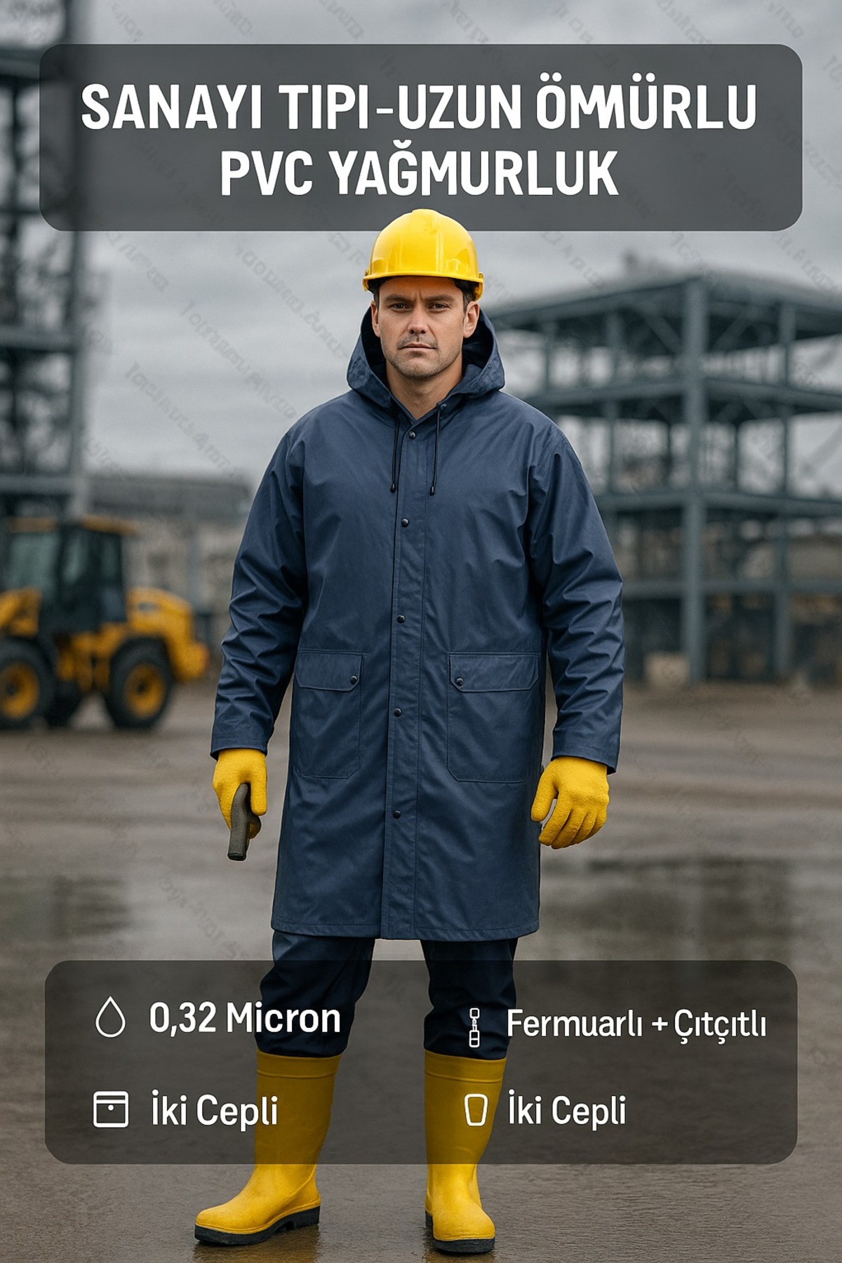 Lacivert Yağmurluk Kapüşonlu 0.32 Mikron Kalınlık Fermuarlı Çıtçıtlı Su Geçirmez İş Tipi Yağmurluk