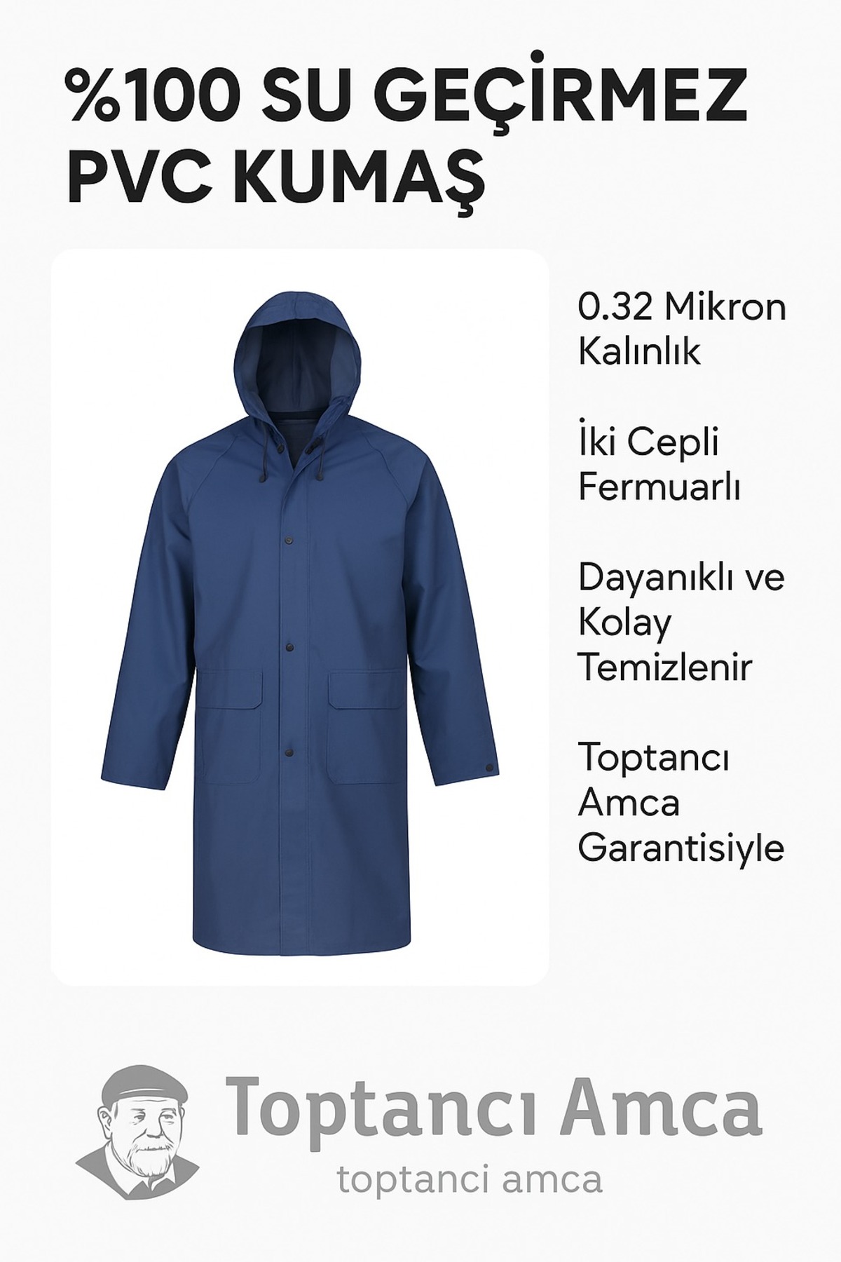 Lacivert Yağmurluk Kapüşonlu 0.32 Mikron Kalınlık Fermuarlı Çıtçıtlı Su Geçirmez İş Tipi Yağmurluk 4
