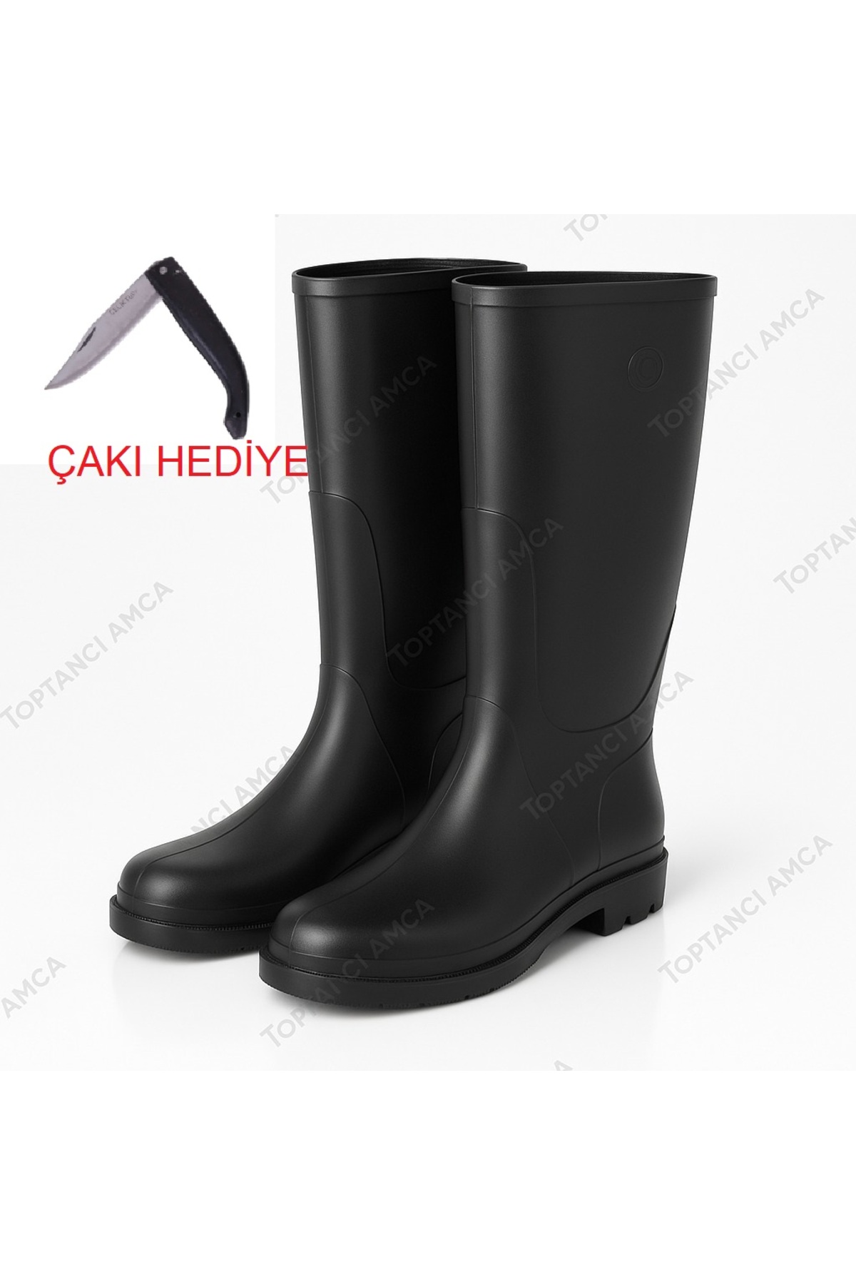Siyah Çizme Merdane Çizme Arısan Çizme Uzun Diz altı çizme 40 cm çizme YÜNLÜ iş çakı hediyeli 1