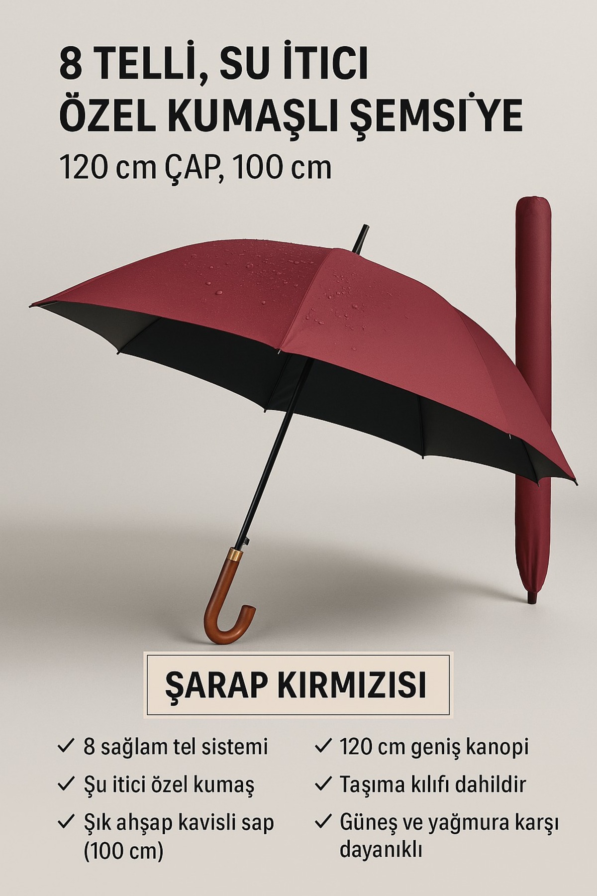 8 Telli Şemsiye Büyük Şemsiye – Su İtici Kumaş, Ahşap Sap, 120 cm Çap 2