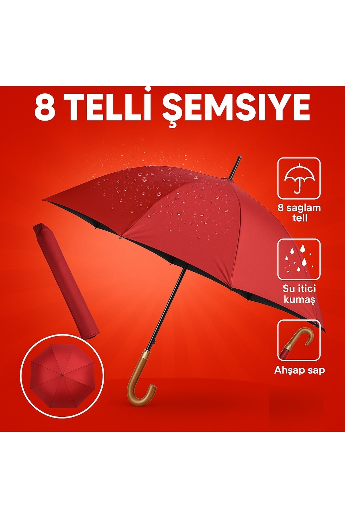 8 Telli Şemsiye Büyük Şemsiye – Su İtici Kumaş, Ahşap Sap, 120 cm Çap 1