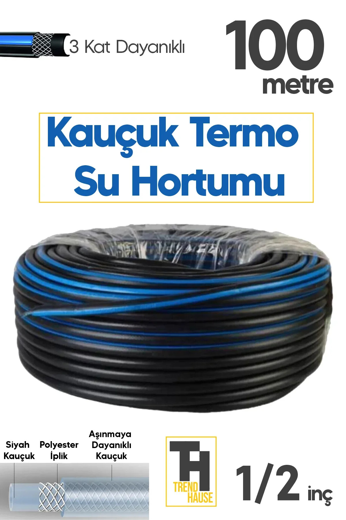 Termo Kauçuklu Bahçe Hortumu 100 Metre Dayanıklı 3 Katlı Sağlam Su Sulama Yıkama Hortum 12.5 mm - 1