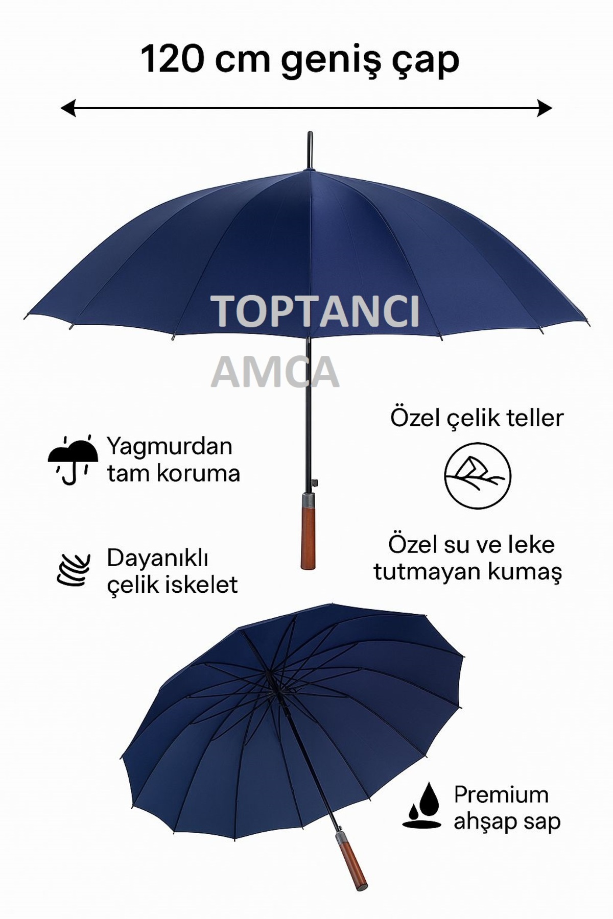 parachase Premium 8 Telli Boy Şemsiye – Rüzgar Dayanıklı, Çelik Gövdeli, Ahşap Saplı 5