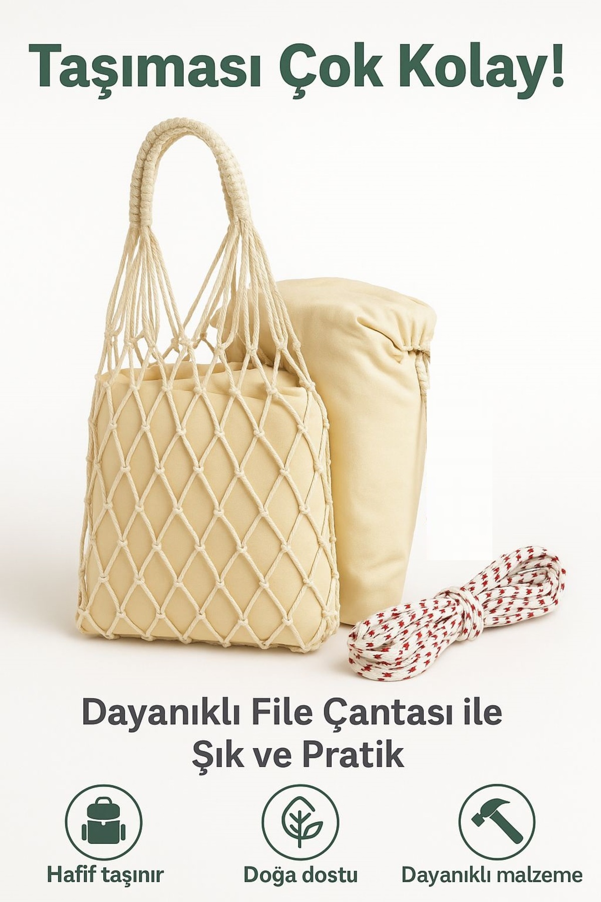 Taşınabilir File Çantalı Katlanabilir Salıncak Hamak Seti – 120x180 cm, 6 m İp Dahil, Bej Kumaş 2