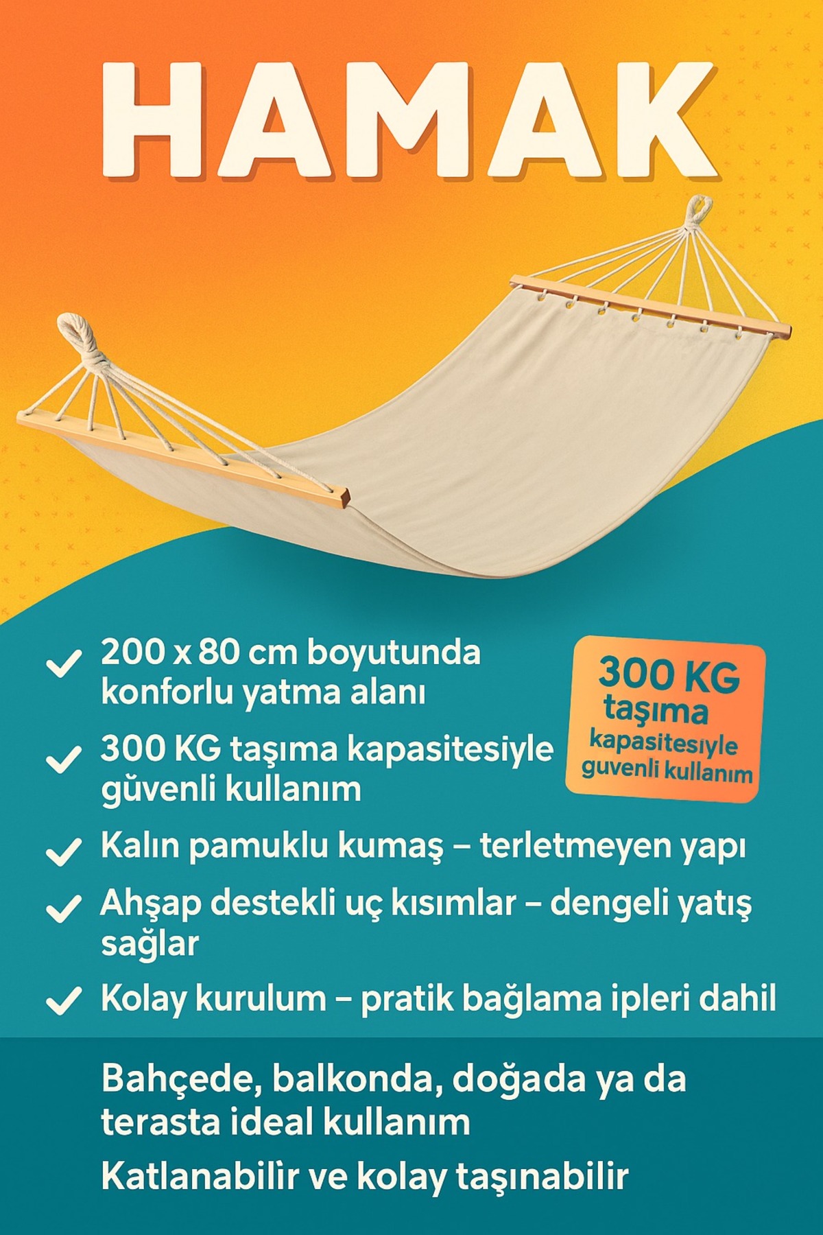 Kumaş Hamak Tek Kişilik Salıncak Hamak 200 x 80 cm 300 KG Taşıma Kapasiteli ( 6m bağlama ipli) 3
