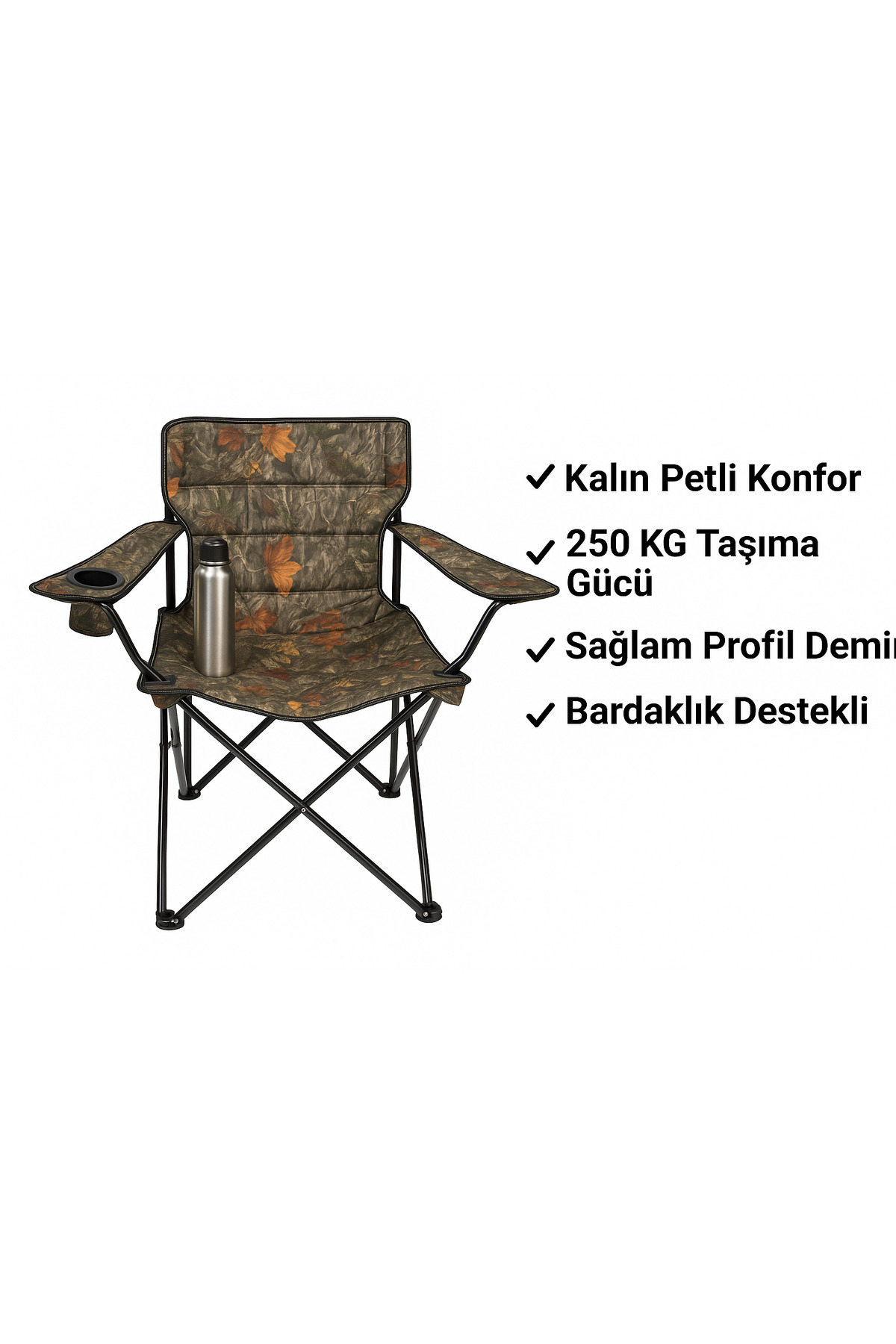 Kamp Sandalyesi – Kalın Petli, Bardaklıklı, 250 KG Taşıma Gücü, Katlanabilir Avcı Sandalyesi 2