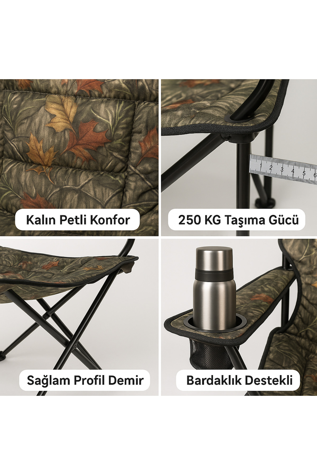 Kamp Sandalyesi – Kalın Petli, Bardaklıklı, 250 KG Taşıma Gücü, Katlanabilir Avcı Sandalyesi 5