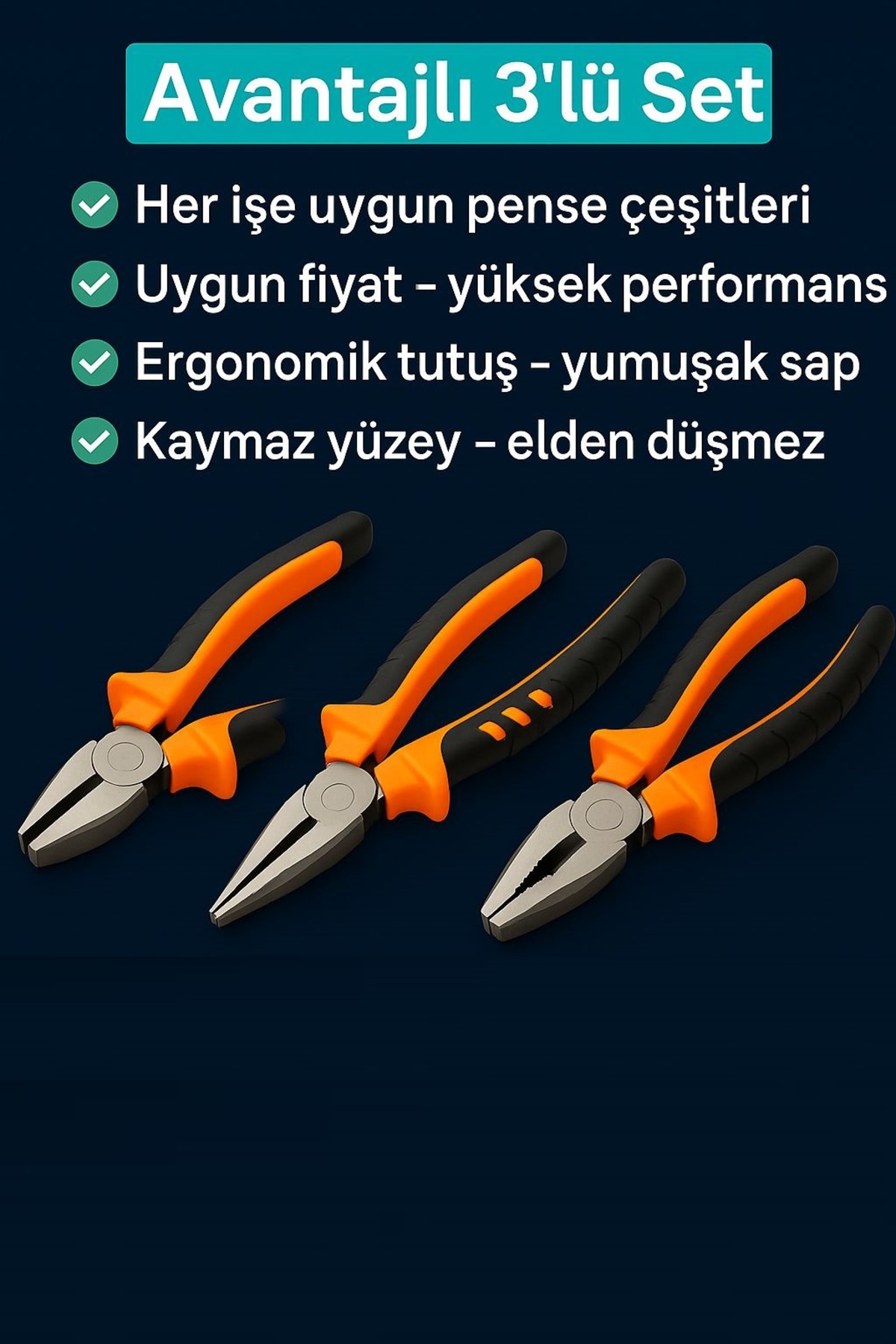 3’lü Pense Seti | 7” Kombine Pense + 6” Yan Keski + 6” Kargaburun | Elektrik & Tamir Aletleri 5