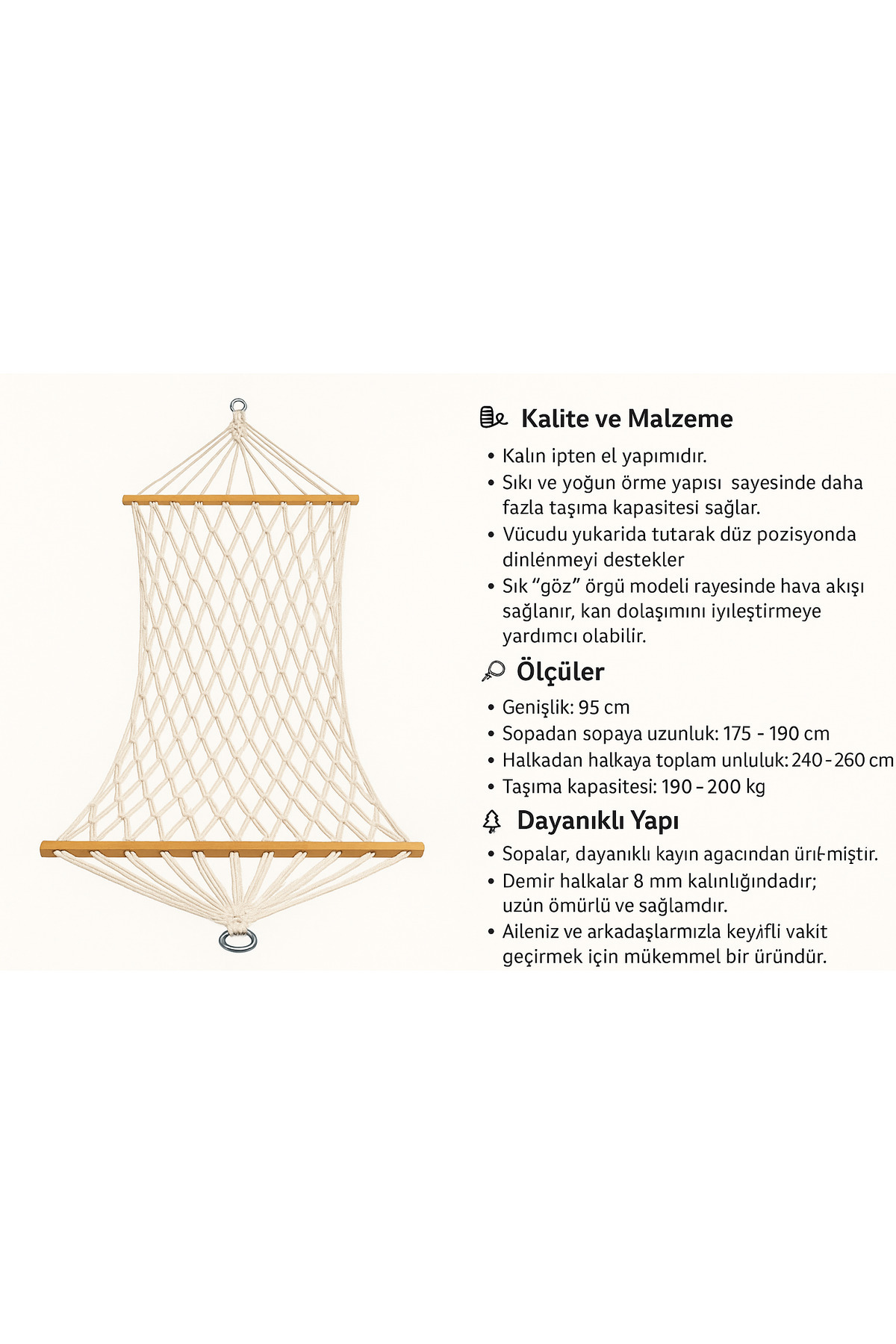Makrome Salıncak Hamak El Örmesi Çift Katlı Tek Kişilik En 85 cm Boy 1.80 Taşıma ipli 200 kg 5