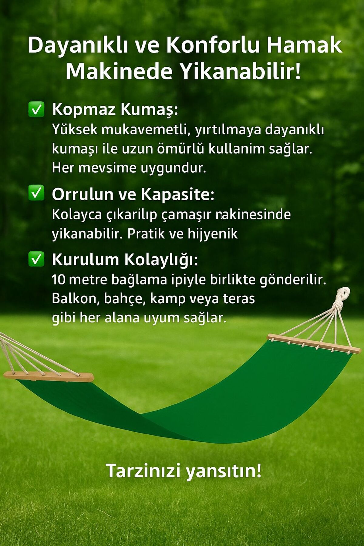 Çift Kişilik Kumaş Hamak Salıncak Pamuklu Kumaş bağlama ipli 300 kg 120 x 190 cm 3