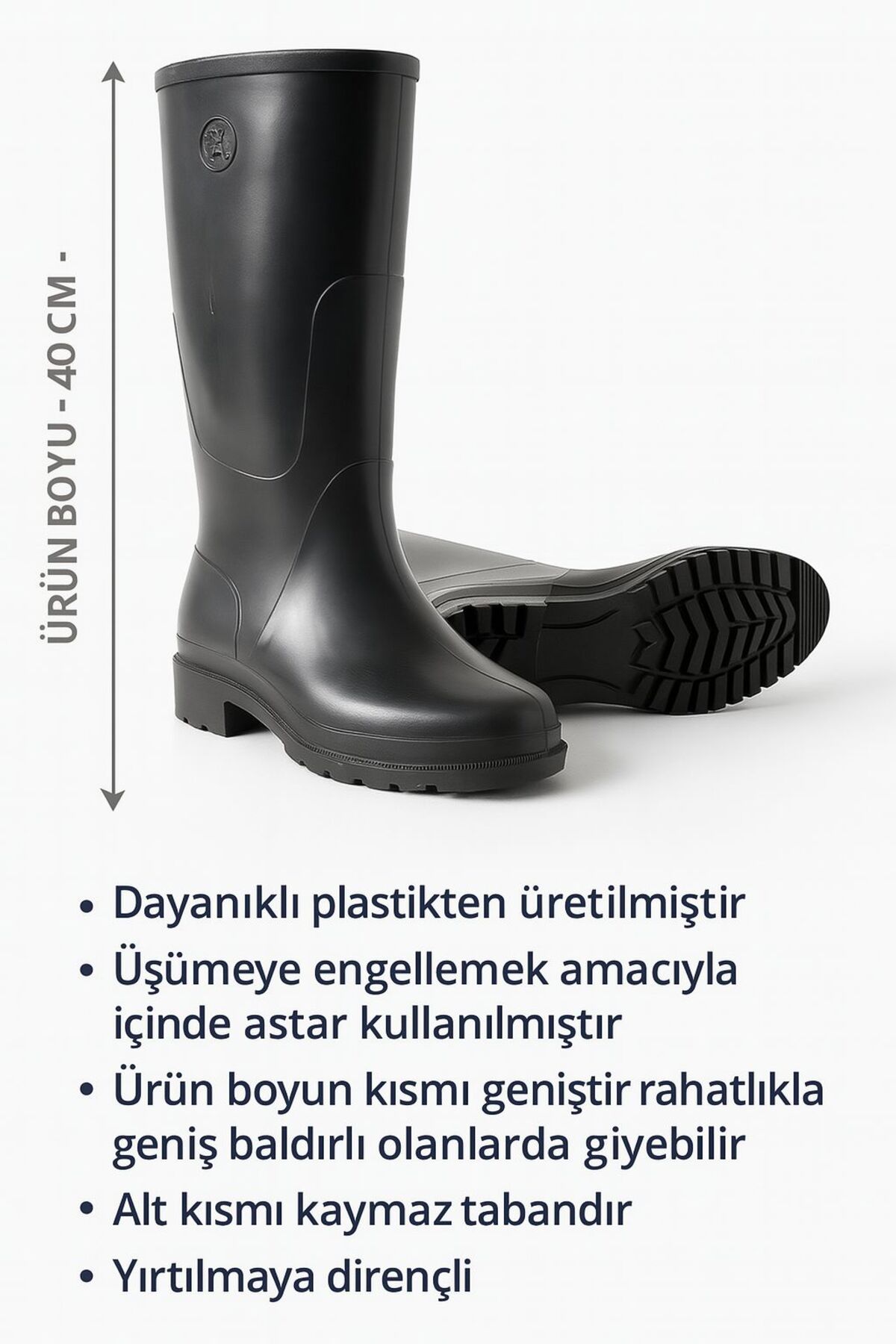 Arısan Siyah Uzun Konçlu Çizme – Astar Destekli, Kaymaz Tabanlı 40 cm 2