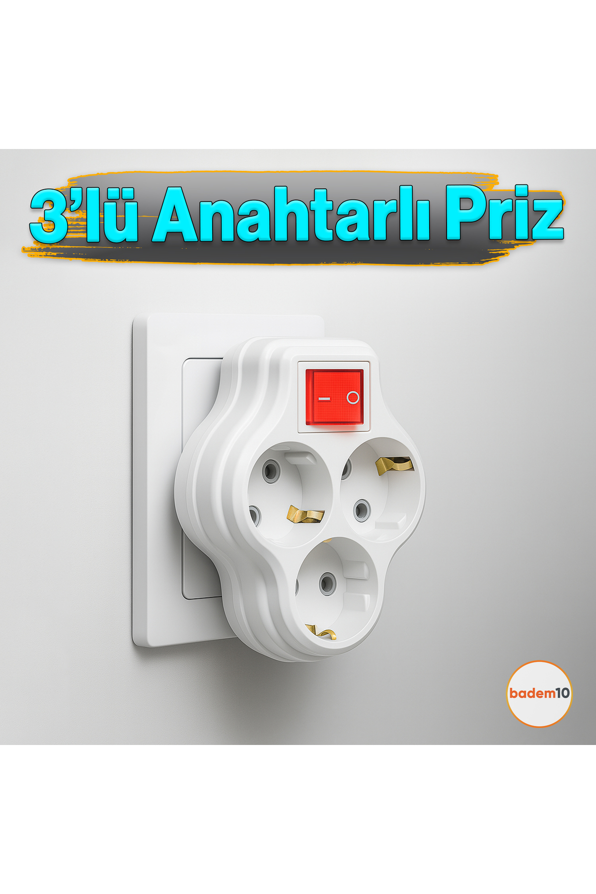 3'lü Beyaz Grup Priz Golyat Düğmeli Fiş Kablosuz Açma Kapamalı Anahtarlı Topraklı Çoklu Çoğaltıcı 2