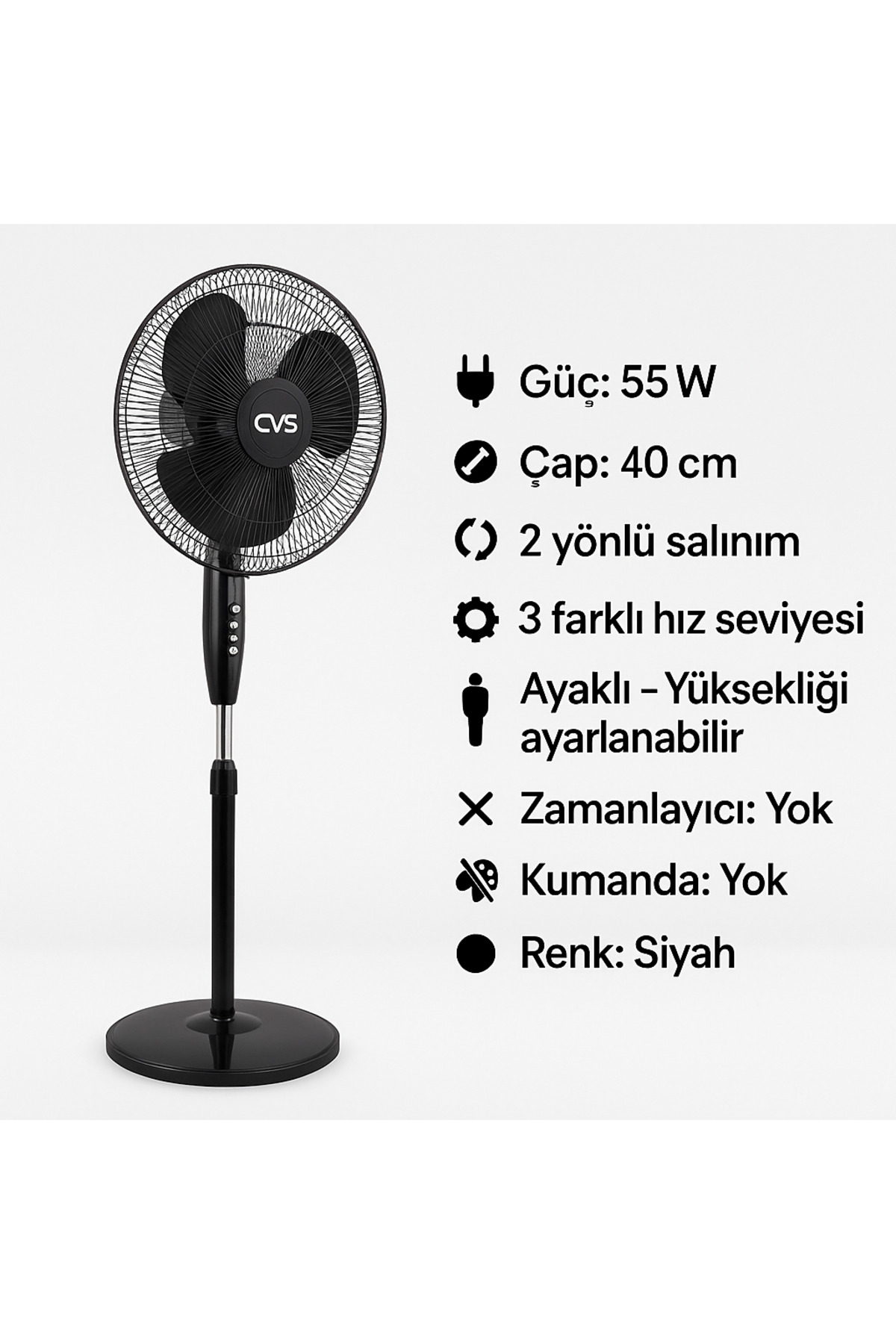 CVS Dn 91002 Siyah Zaman Ayarlı Vantilatör 3 Pervane 16 inch 40 cm çap 3