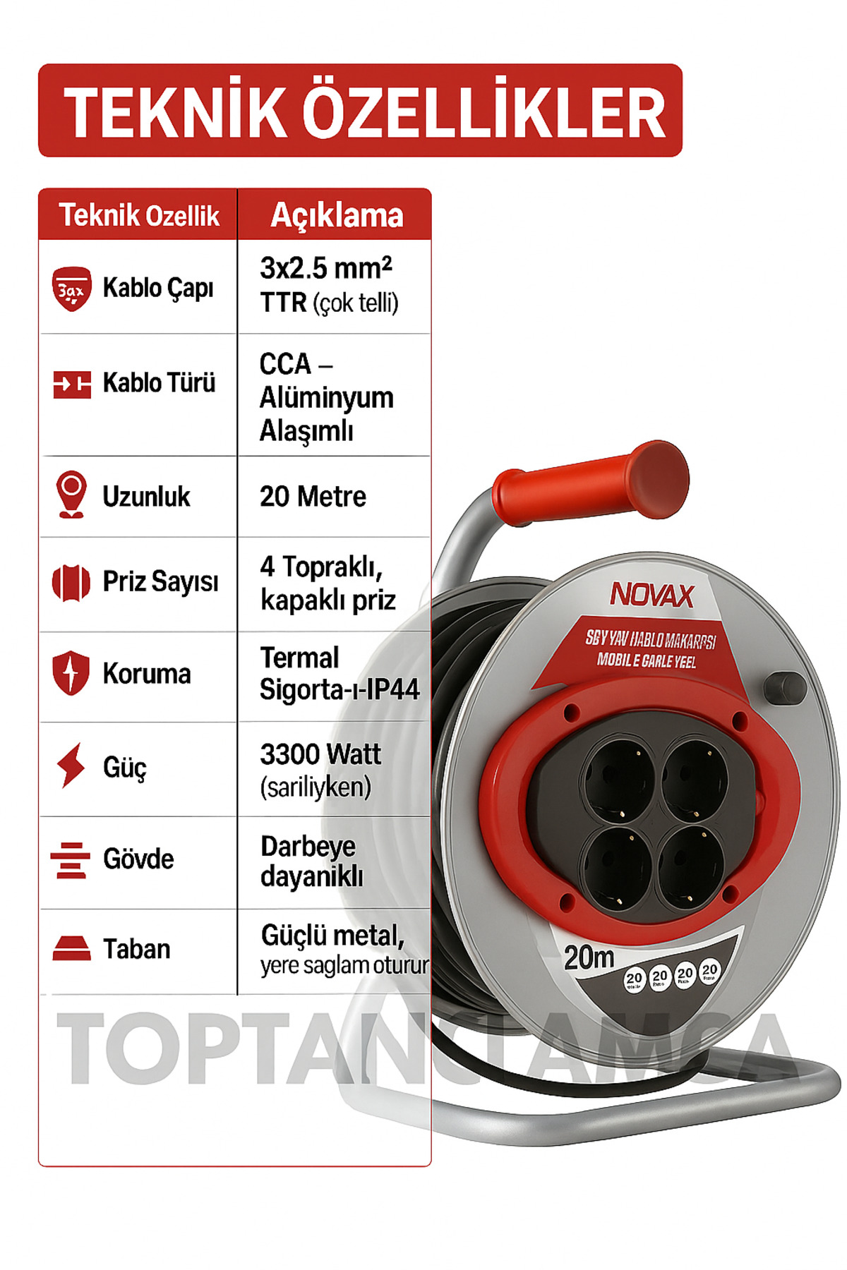 Metal Makaralı Seyyar 4 Prizli Uzatma Kablosu 3x2.5 mm TTR Kablo 50 Metre Termal Sigorta 4