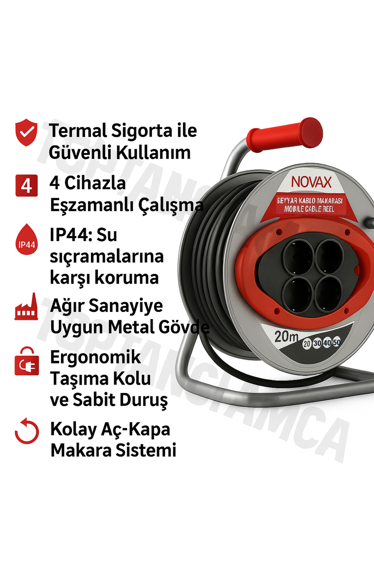 Metal Makaralı Seyyar 4 Prizli Uzatma Kablosu 3x2.5 mm TTR Kablo 50 Metre Termal Sigorta 2