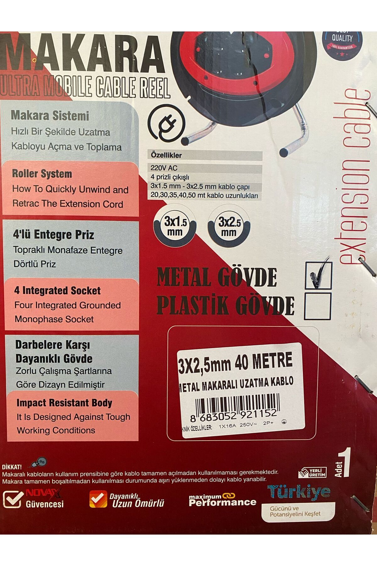 Metal Makaralı Seyyar 4 Prizli Uzatma Kablosu 3x2.5 mm TTR Kablo 20 Metre Termal Sigorta 4