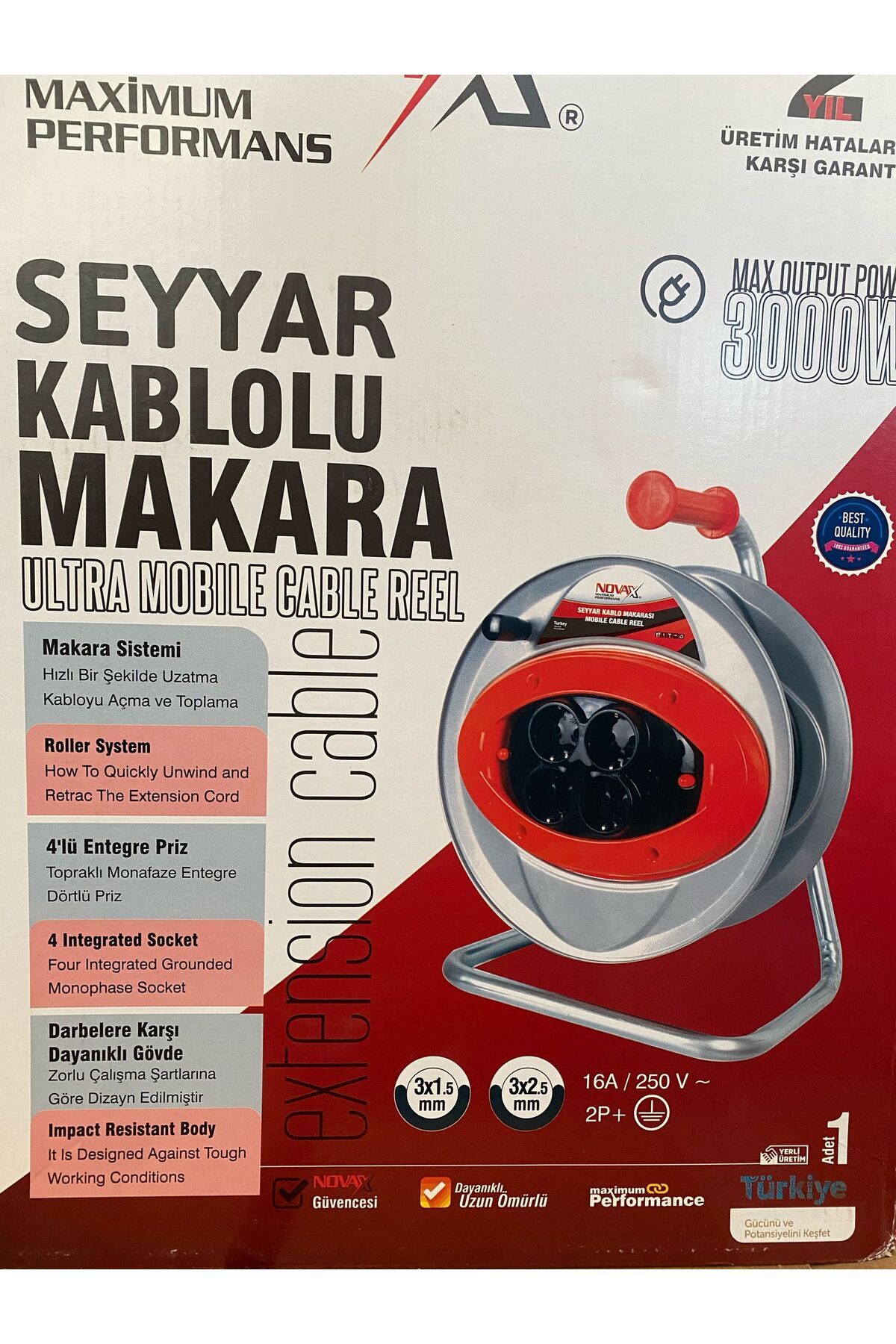 Metal Makaralı Seyyar 4 Prizli Uzatma Kablosu 3x2.5 mm TTR Kablo 20 Metre Termal Sigorta 5