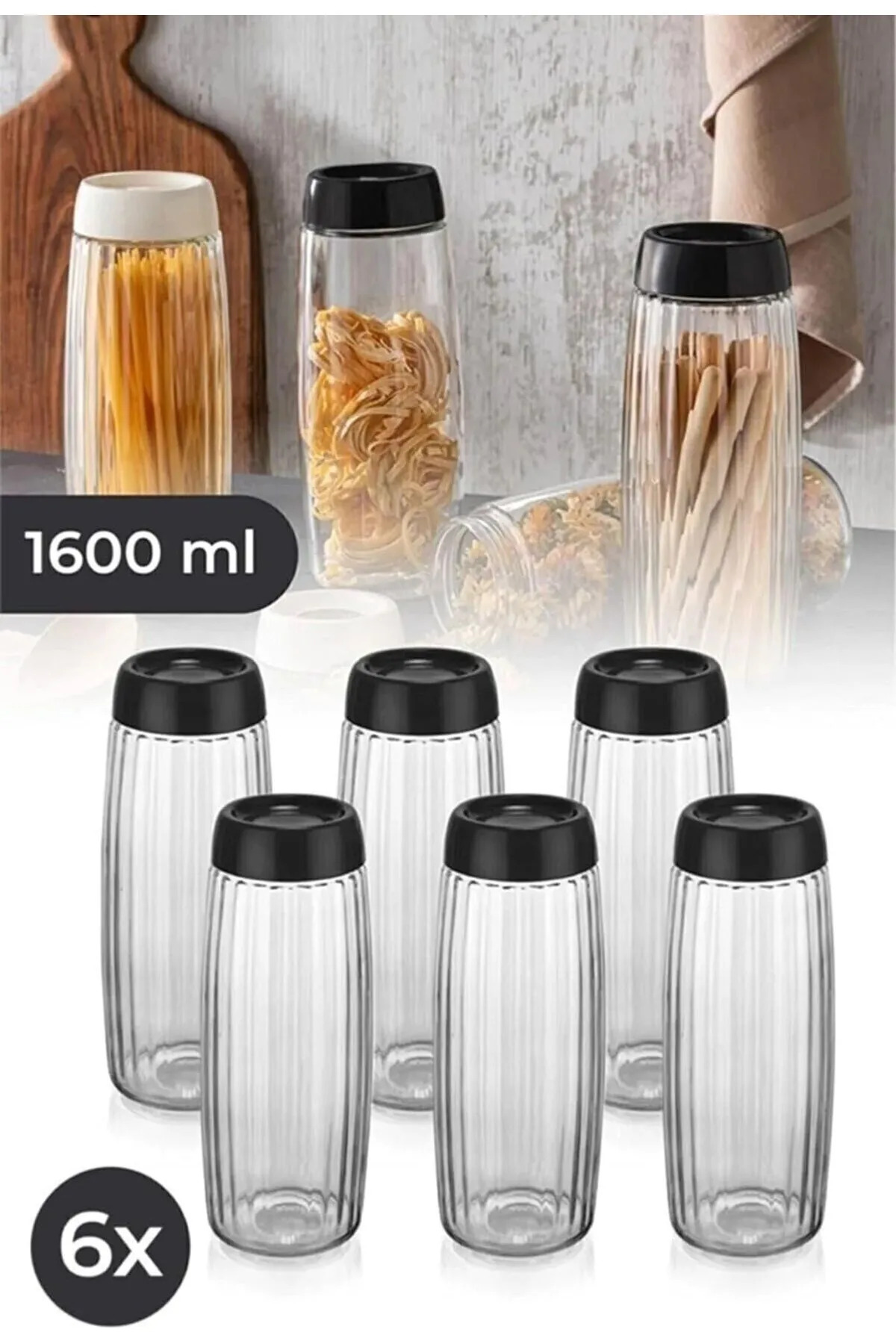 6 Adet Mega Boy Çizgili Cam Kavanoz Seti 1600ml 2