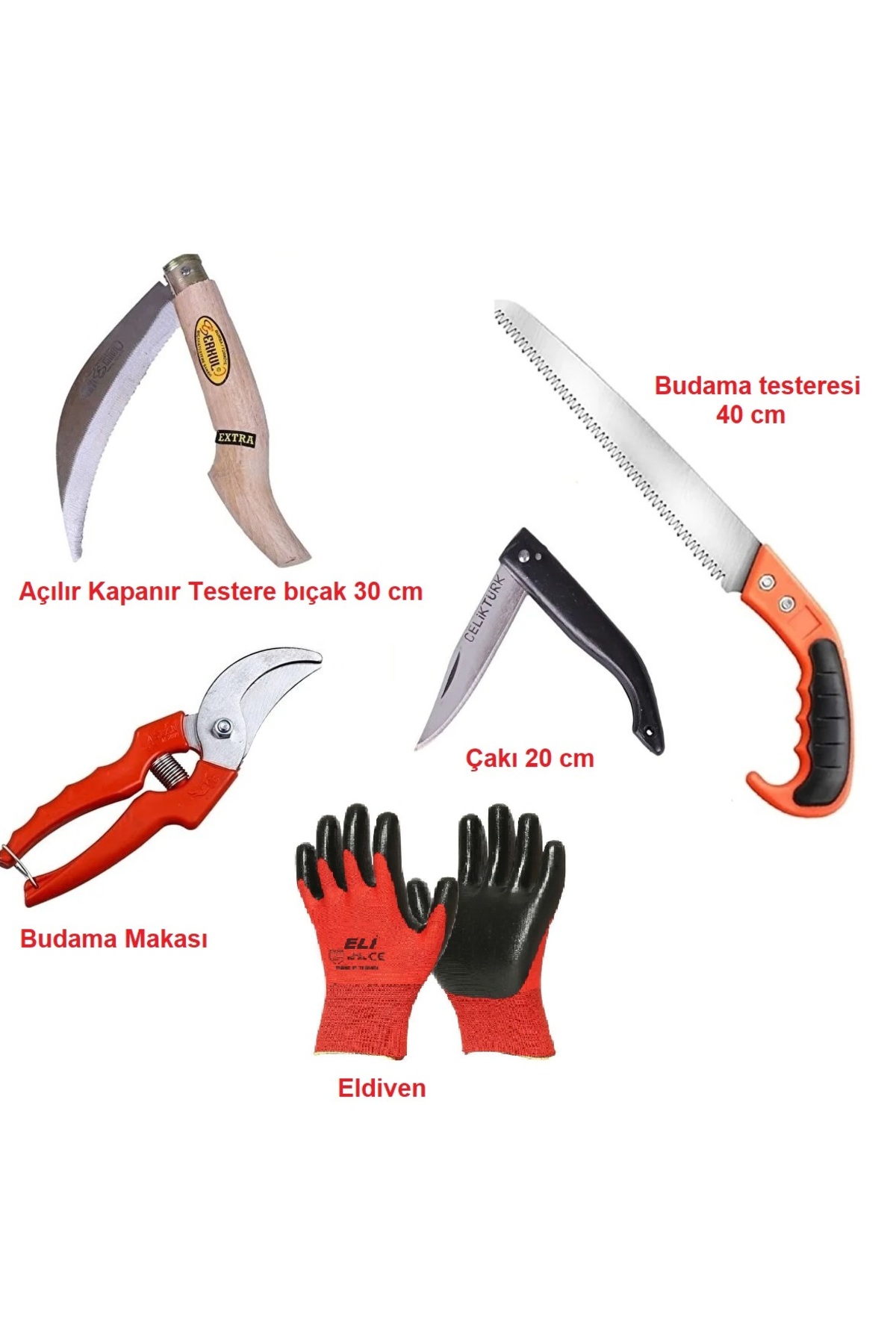 BAHÇE ALET SETİ TESTERE ÇAKI ELDİVEN BUDAMA MAKASI BIÇKI 5 Lİ - 1