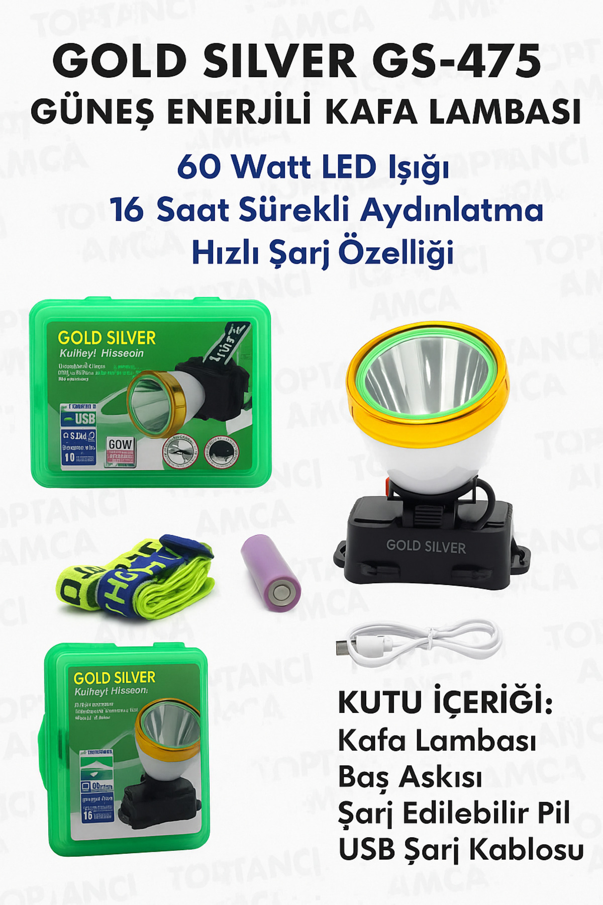 Kafa Feneri Dağcı,balıkçı Uzun Menzilli Kafa Lambası Gold Silver Şarjlı 60w Metal 2