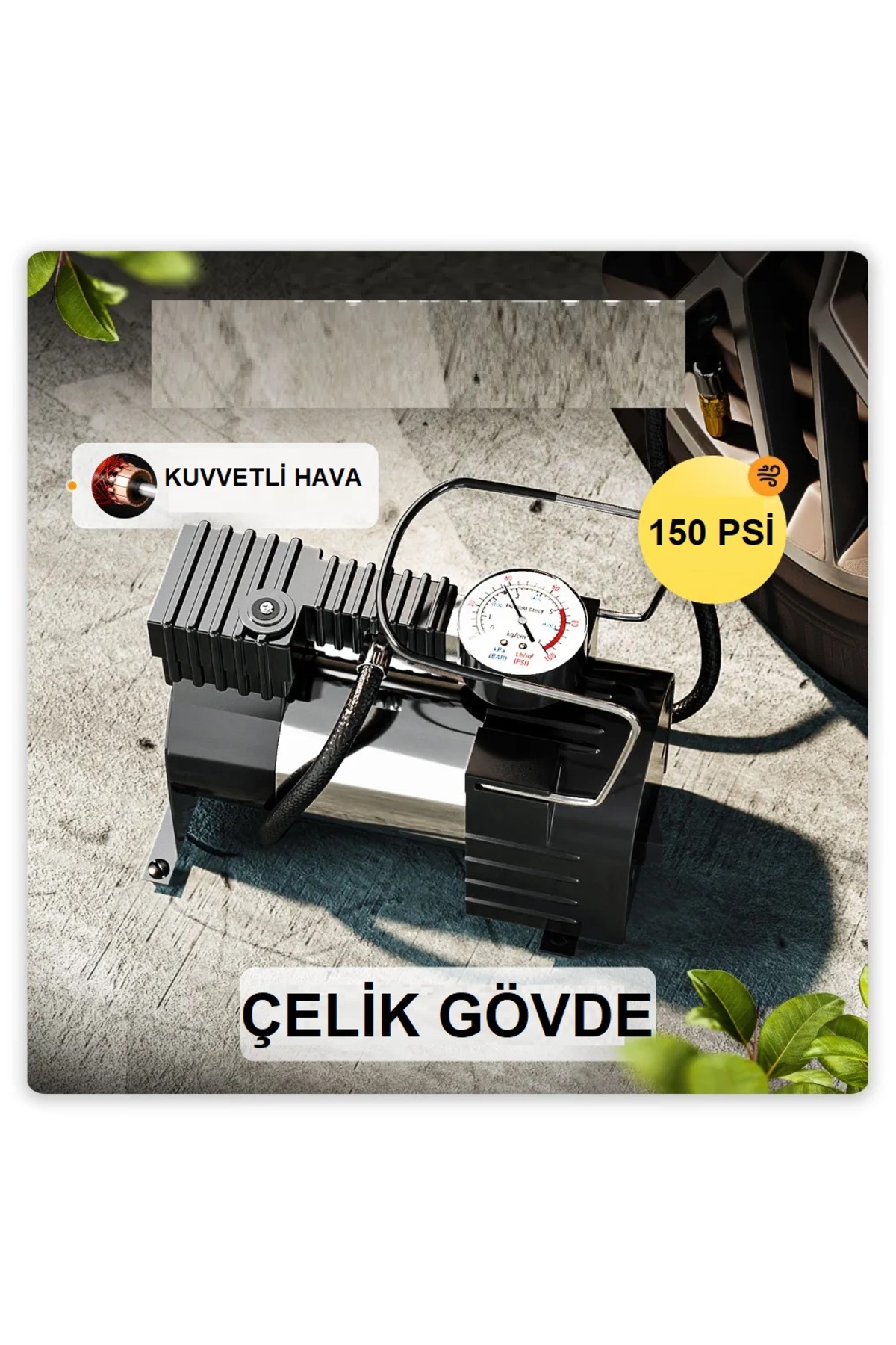 HAVA KOMPRESÖR CARUB 12 VOLT SİYAH HORTUMLU ÇAKMAKLIK GİRİŞ 150 PSİ 2
