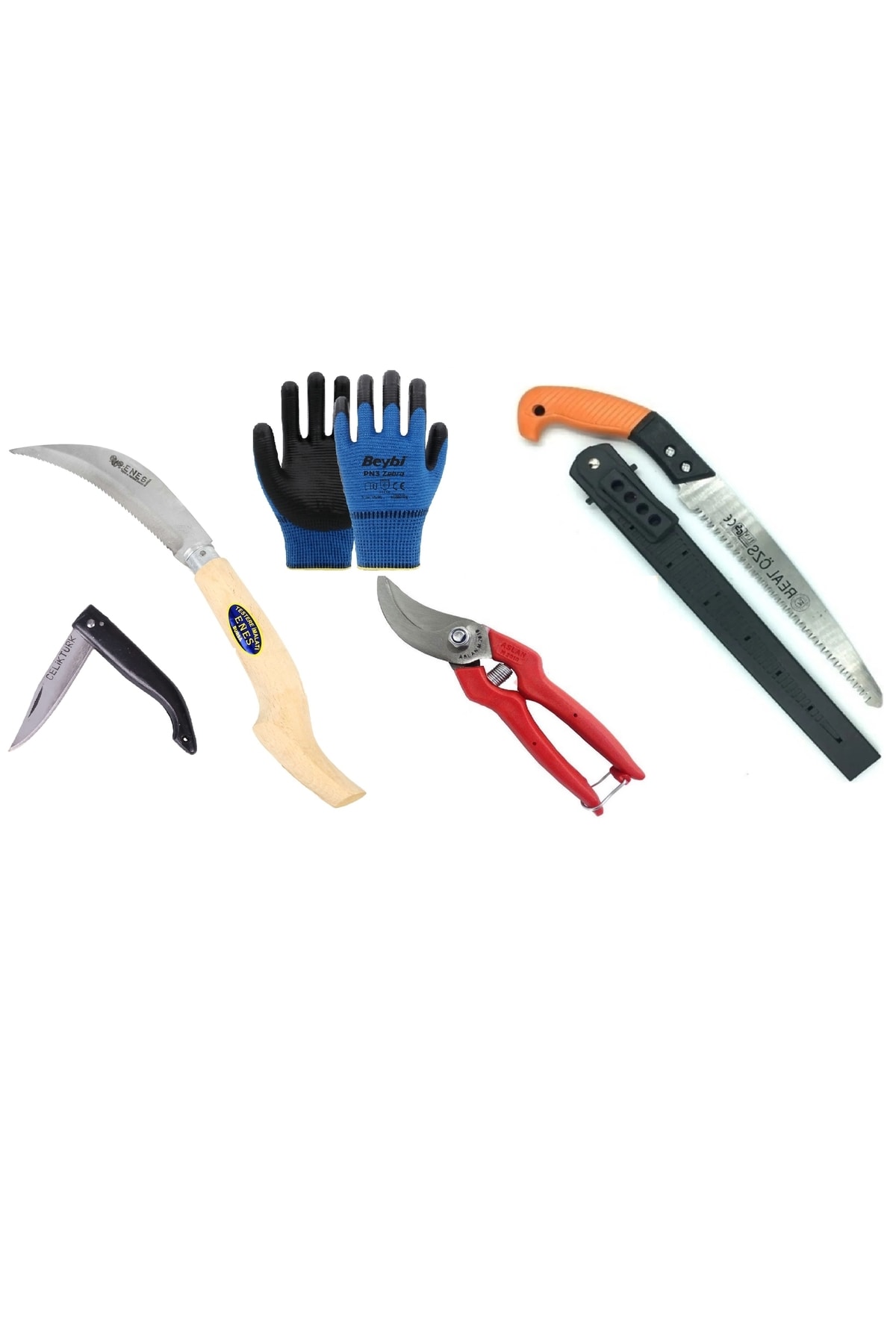 Budama Seti Testere Makas Baltalı Dal Kesme Cep Çakısı Eldiven Makas 5 Parça Süper Set - 1