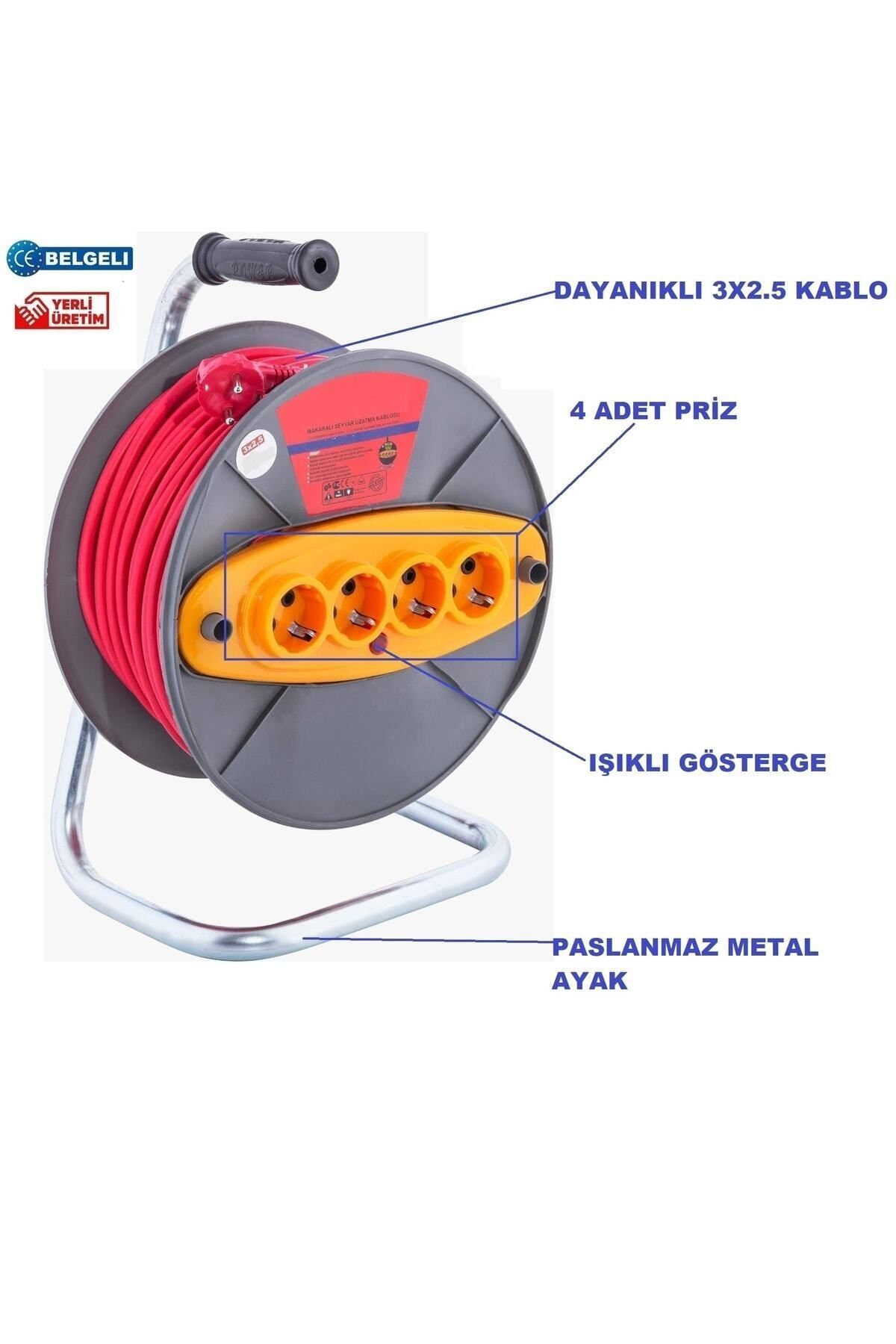 Seyyar Dörtlü Çoklu Makaralı Uzatma Ara Kablosu 3*2.5 Mm (KALIN) Işıklı 20 Metre Eldivenli 2