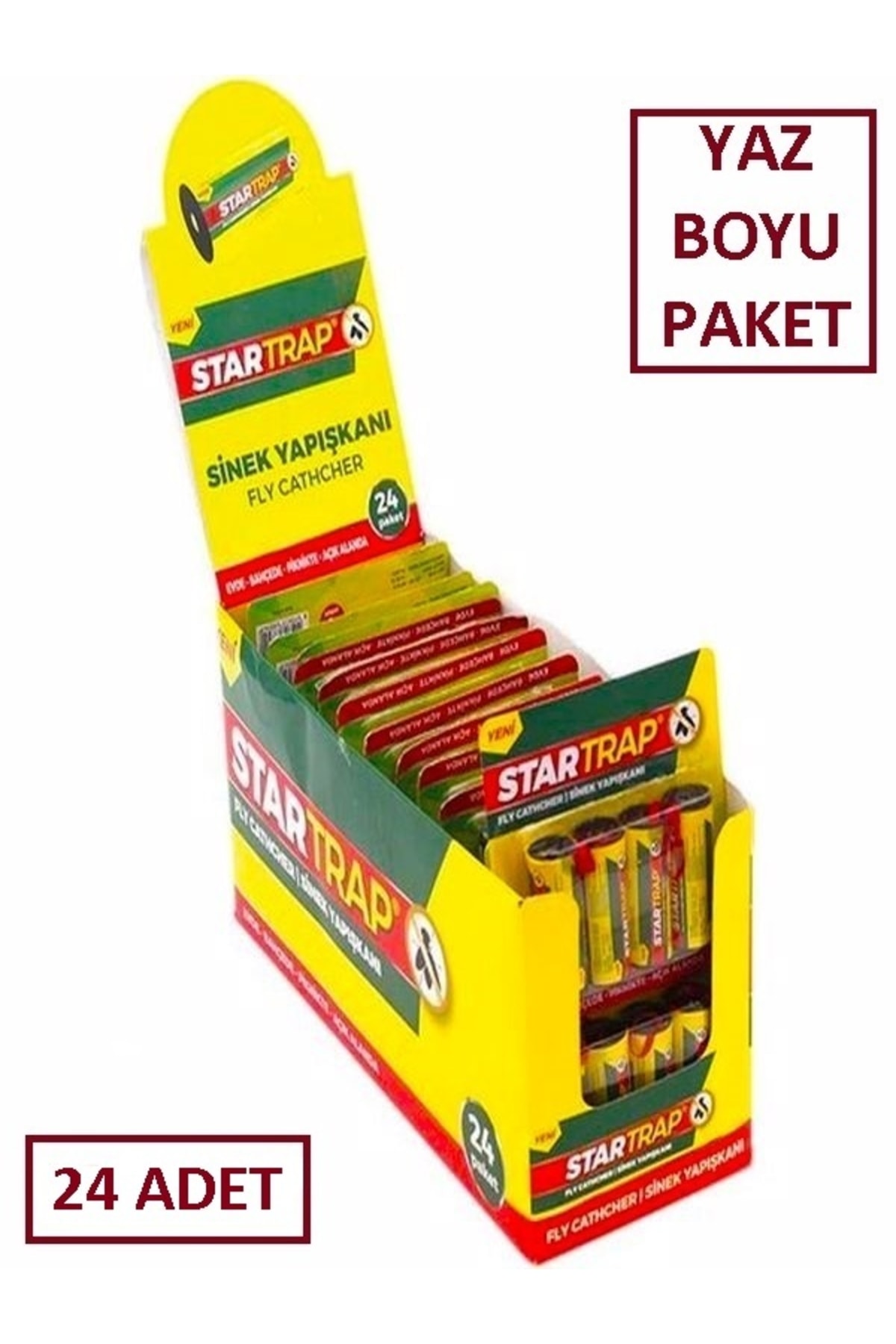 Yapışkanlı Sinek Bandı 4'lü, Zehirsiz Yapışkanlı Sineklik, 1 Koli (24 Adet) ‘’ Yaz Boyu Paket ’’ 1
