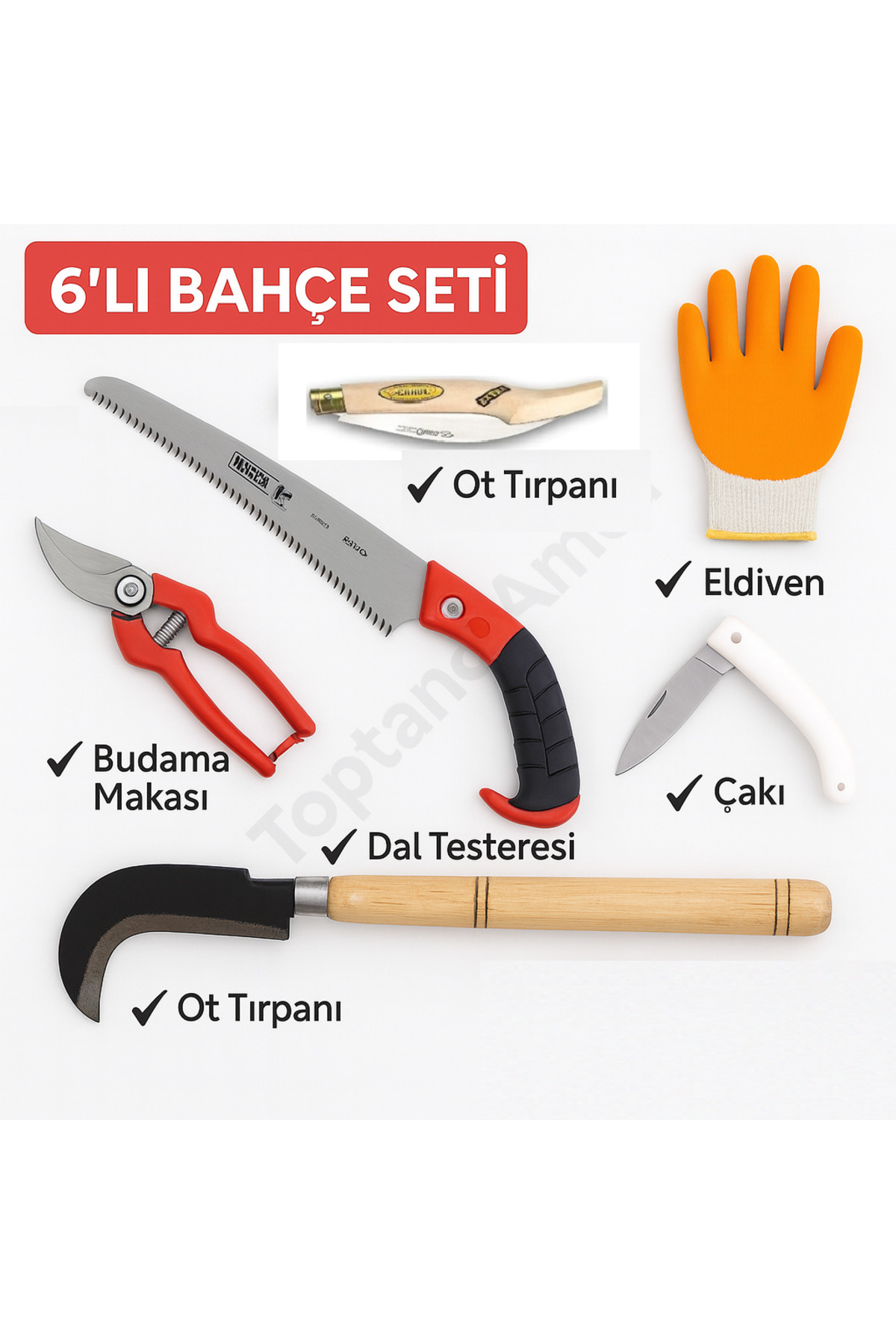 Bahçe Bakım Seti 6 Parça – Dal Budama, Testere, Ot Tırpanı, Çakı, Eldiven - 1