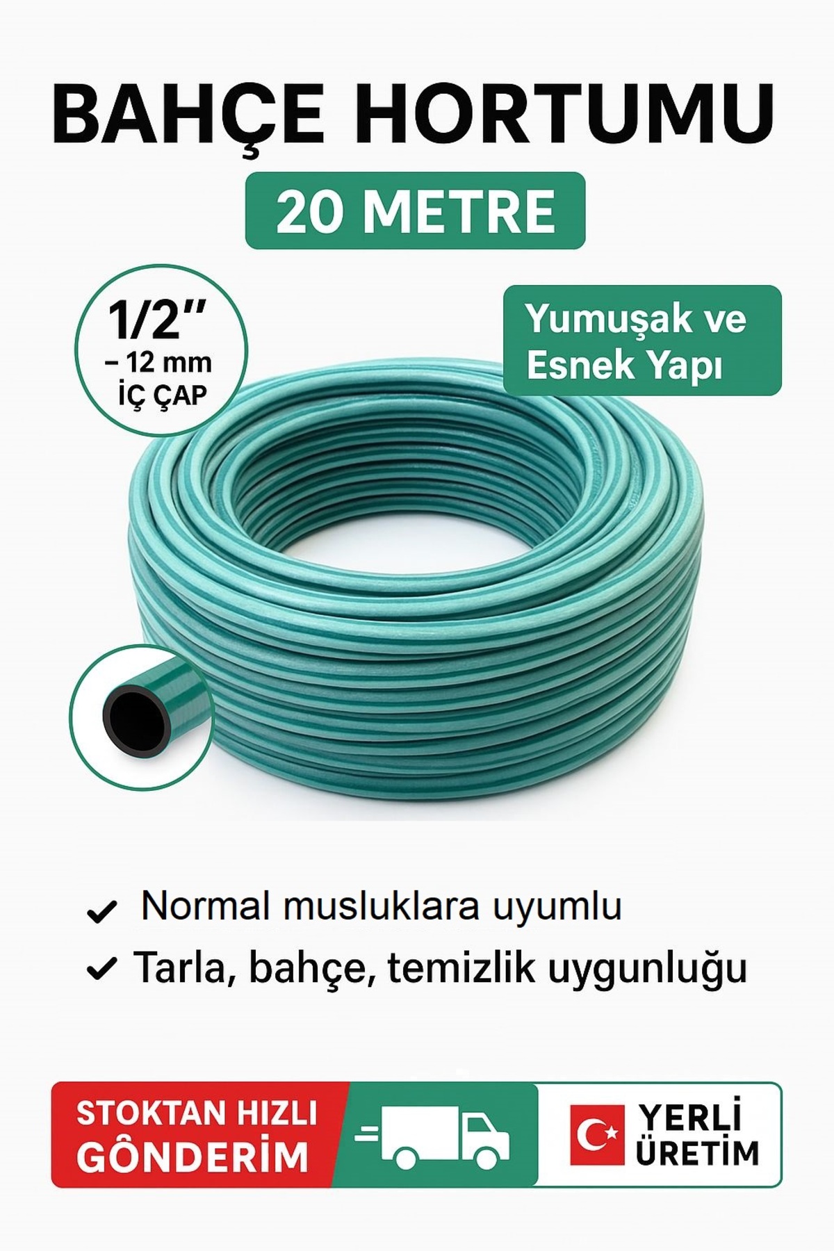 1/2" Kalın Takviyeli Zebra Market Tipi Bahçe Hortumu Sulama Toplama Musluk Tipi 20 Metre 2