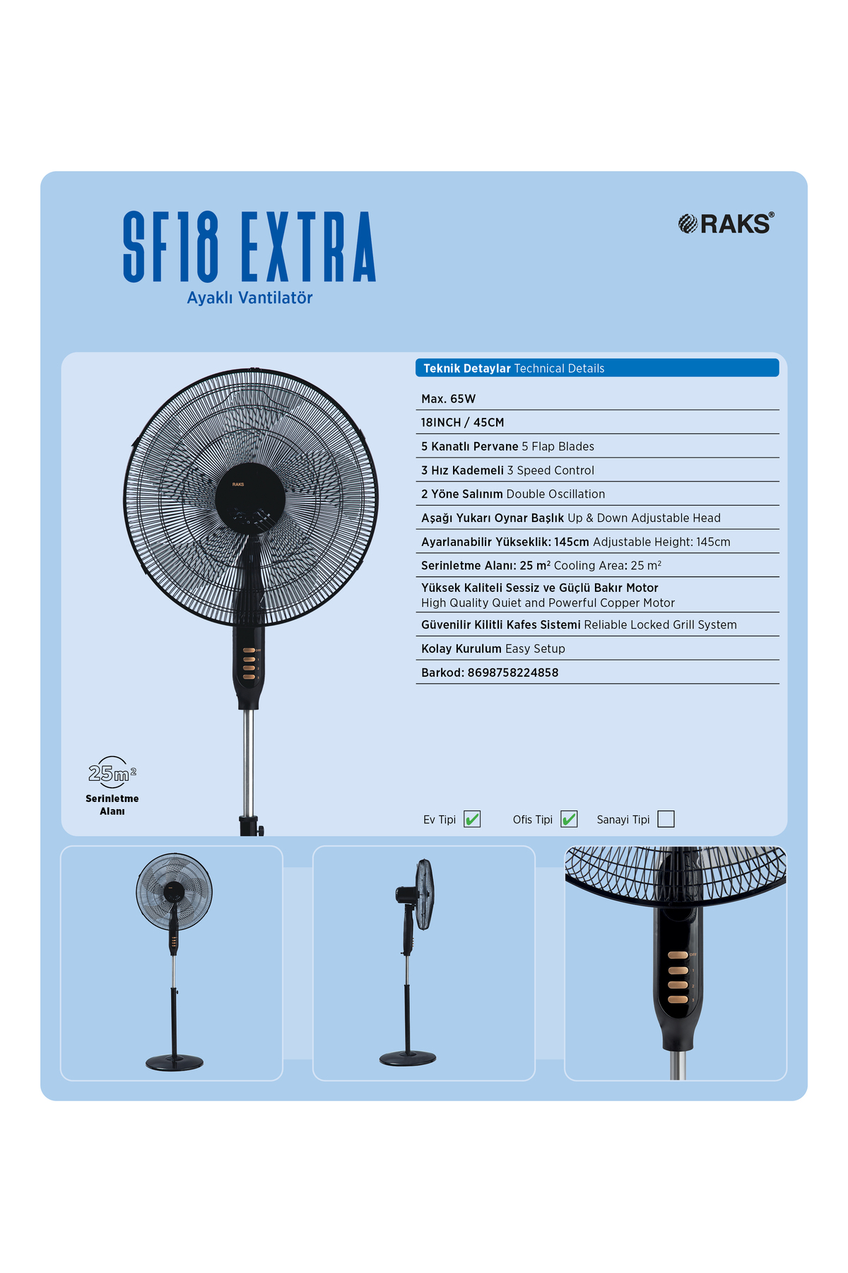 SF 18 EXTRA 65 WATT 18İNÇ/45CM. Ayaklı Vantilatör 5 PERVANELİ 7 YIL GARANTİLİ 2