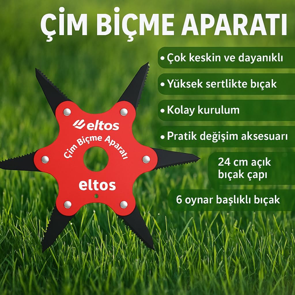 Eltos Çim Biçme Aparatı, 6 Bıçaklı, Ergonomik, Metal, Bahçe Tırpan Makinesi Ek Parça CBA250  4