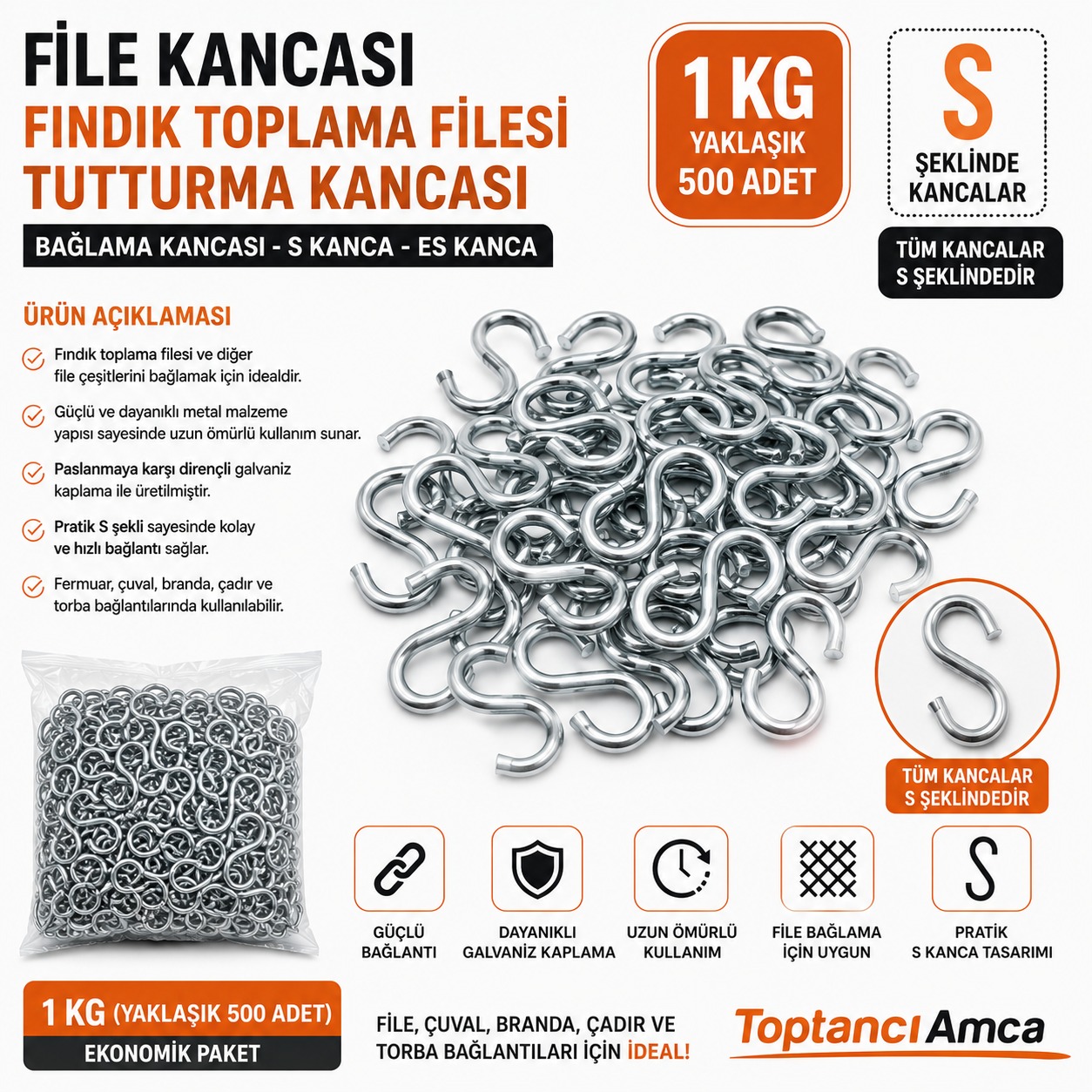 FINDIK TOPLAMA FİLE KANCASI S ŞEKLİNDE KALIN 1KG 500 ADET 3
