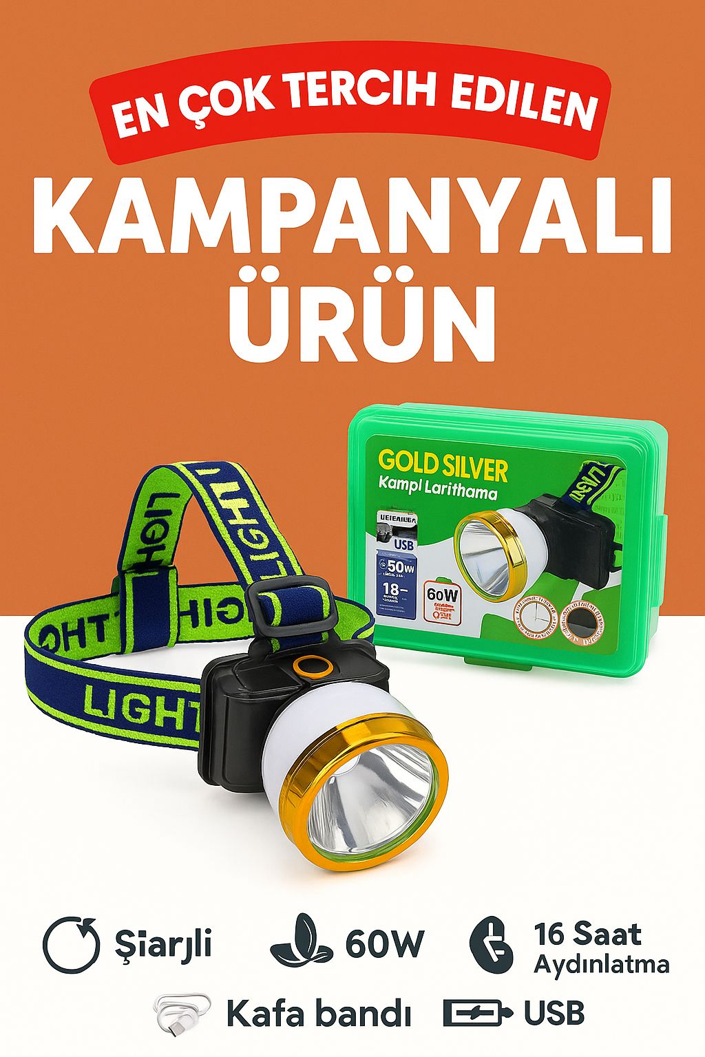 KAFA LAMBASI GOLD SİLVER ŞARJLI PANELLİ 60W METAL GS-475 2