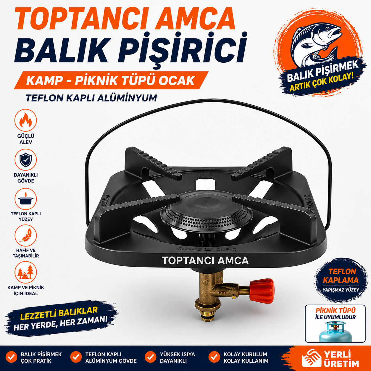 Balık Pişirici Kamp - Piknik Tüpü Ocak Teflon Kaplı Döküm Ocak Büro Mekaniker