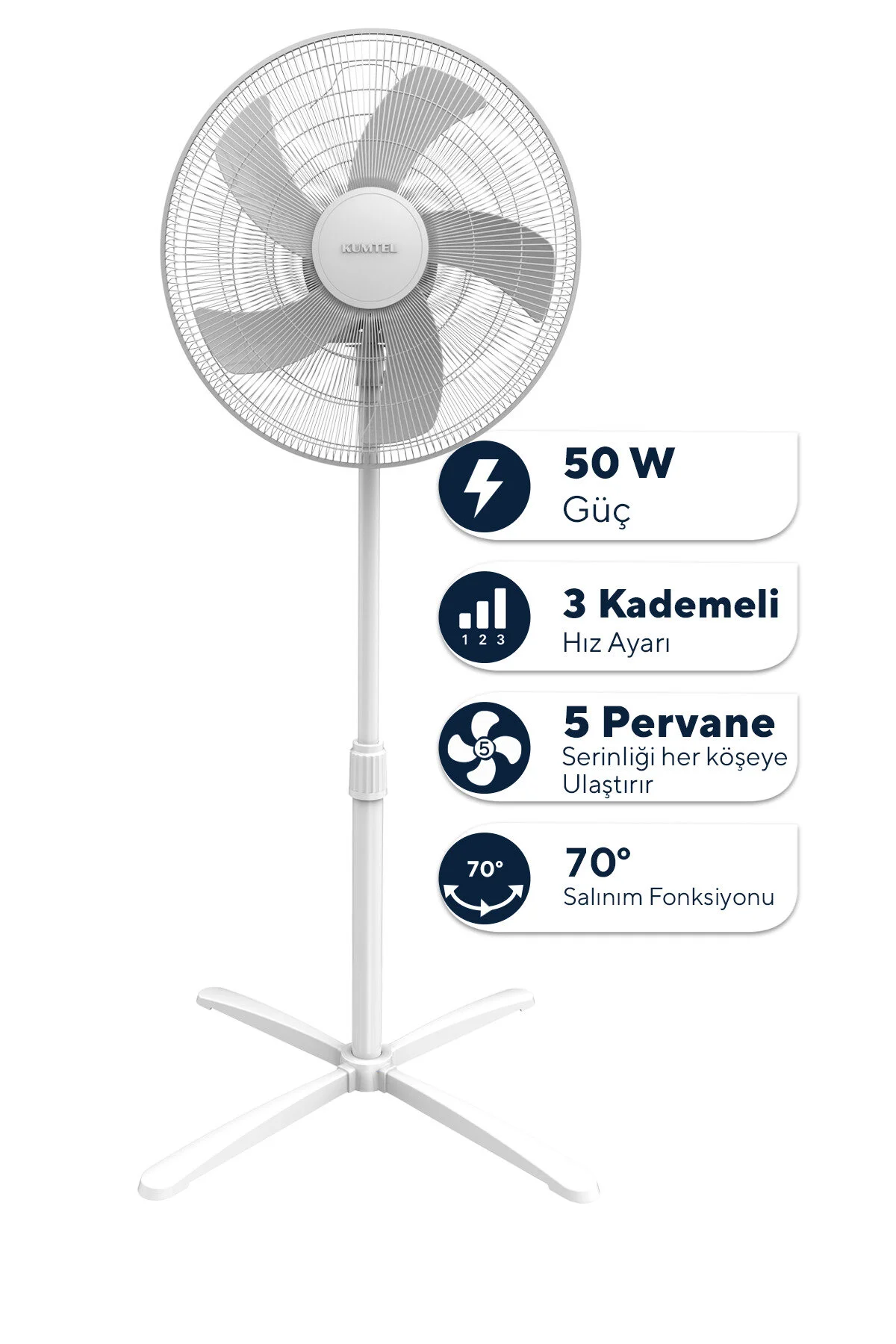 1 / 2 KUMTEL KTF-355 Siyah 16 inç Ayaklı Vantilatör 50 W, 5 Pervaneli, 3 Kademeli, 121 cm Yükseklik Beyaz 3